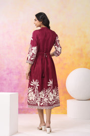 Wine Base With Cream Color Bold Flower Motif  Midi Dress