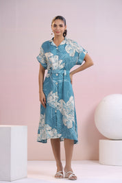 Blue Abstract Printed bold flower motif Muslin Midi Dress