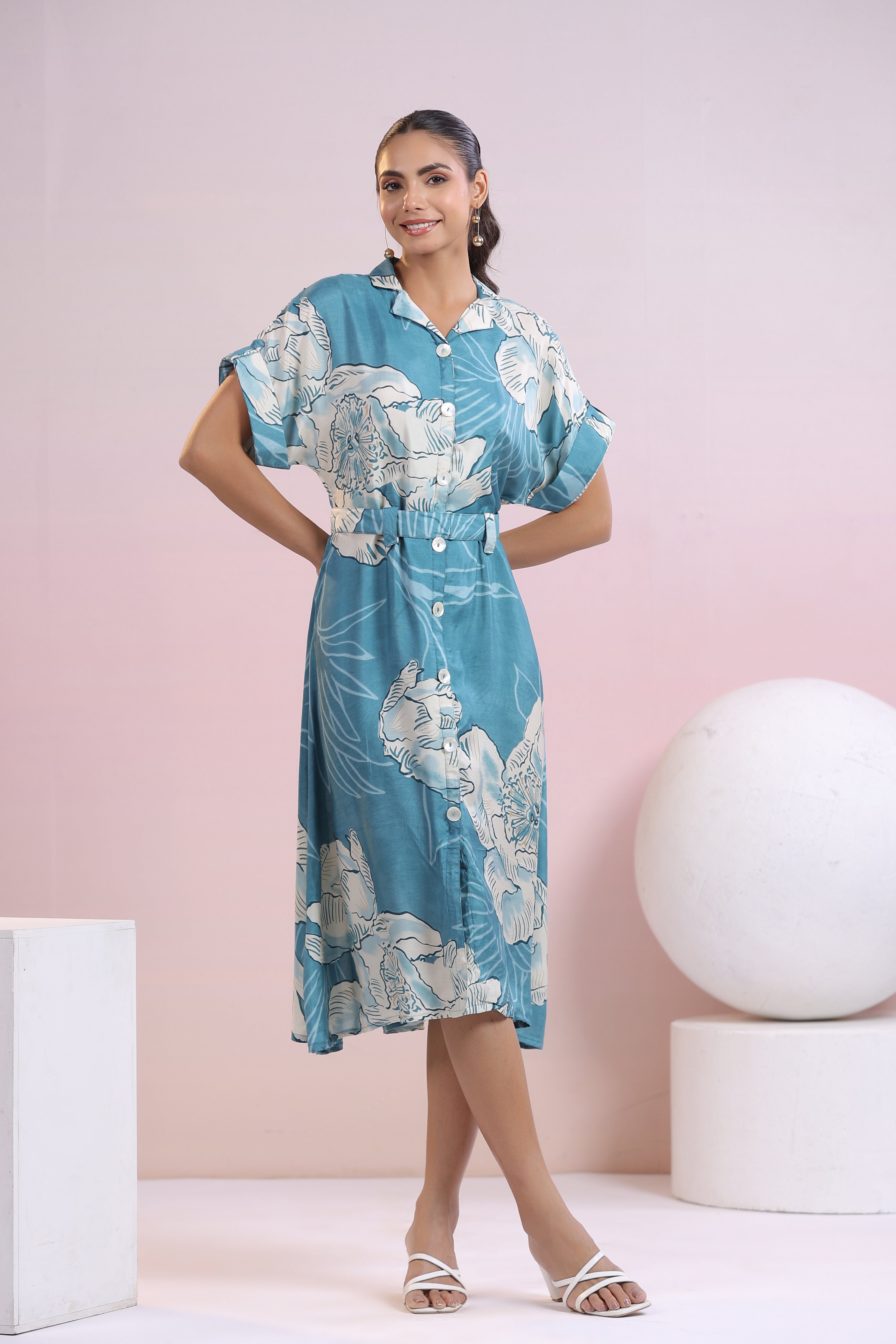 Blue Abstract Printed bold flower motif Muslin Midi Dress