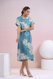 Blue Abstract Printed bold flower motif Muslin Midi Dress