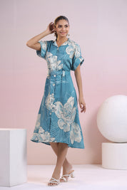 Blue Abstract Printed bold flower motif Muslin Midi Dress