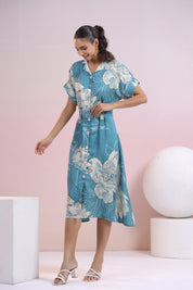 Blue Abstract Printed bold flower motif Muslin Midi Dress