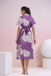 Purple Abstract Printed Bold Flower Motif Russian Silk Midi Dress