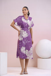 Purple Abstract Printed Bold Flower Motif Russian Silk Midi Dress