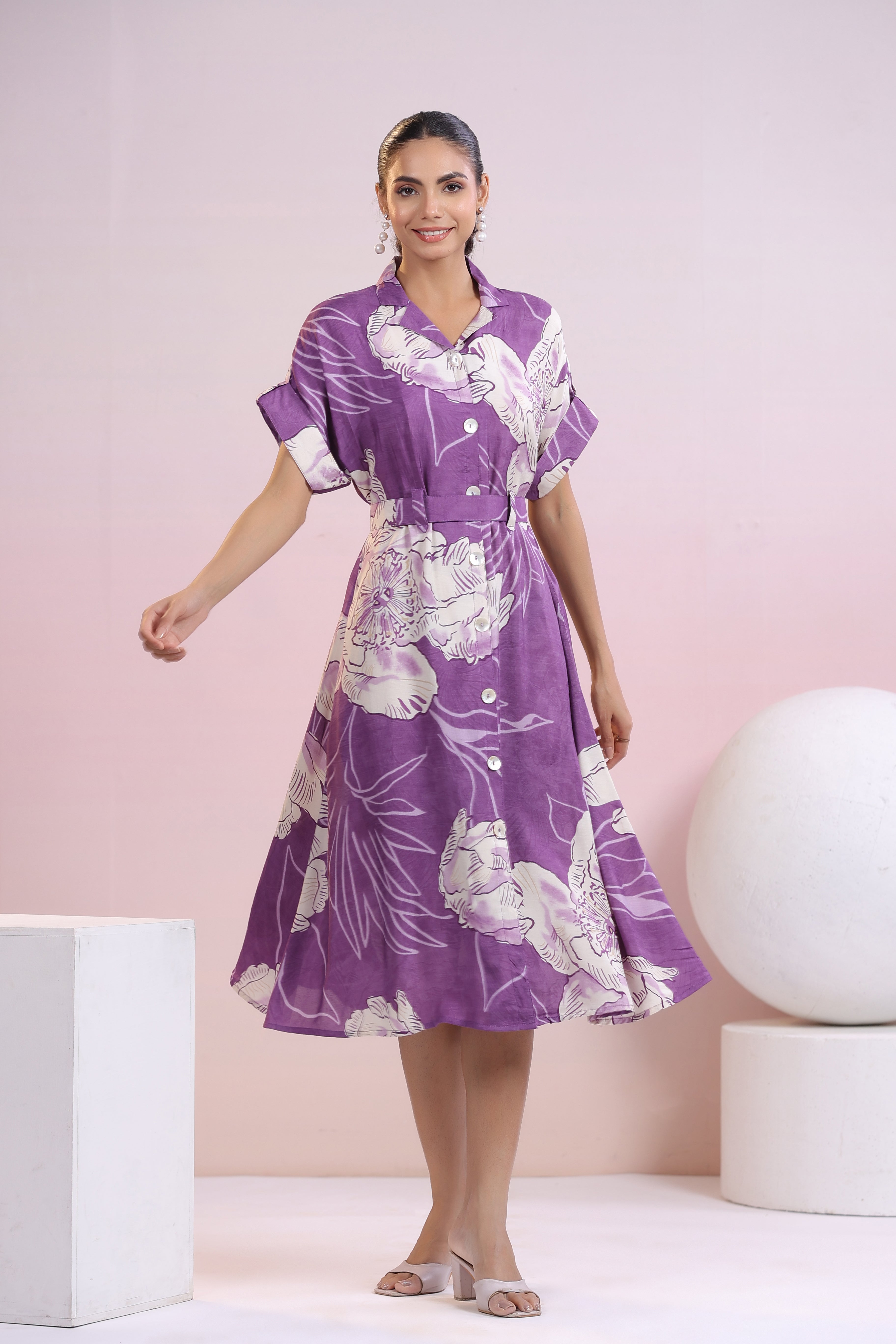 Purple Abstract Printed Bold Flower Motif Russian Silk Midi Dress