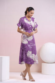 Purple Abstract Printed Bold Flower Motif Russian Silk Midi Dress