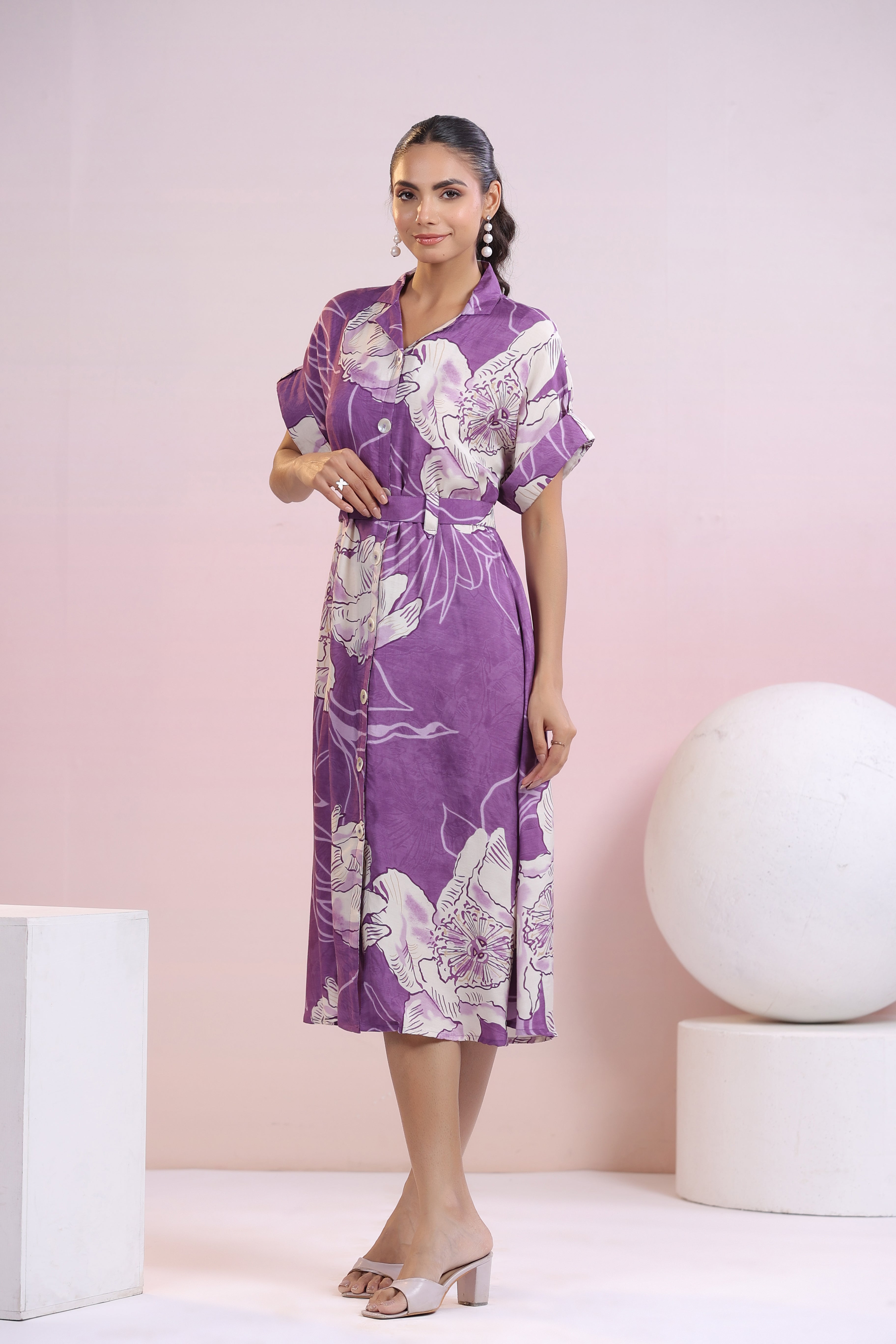 Purple Abstract Printed Bold Flower Motif Russian Silk Midi Dress