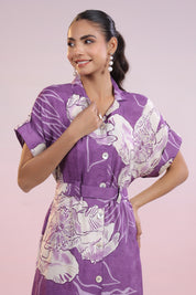 Purple Abstract Printed Bold Flower Motif Russian Silk Midi Dress