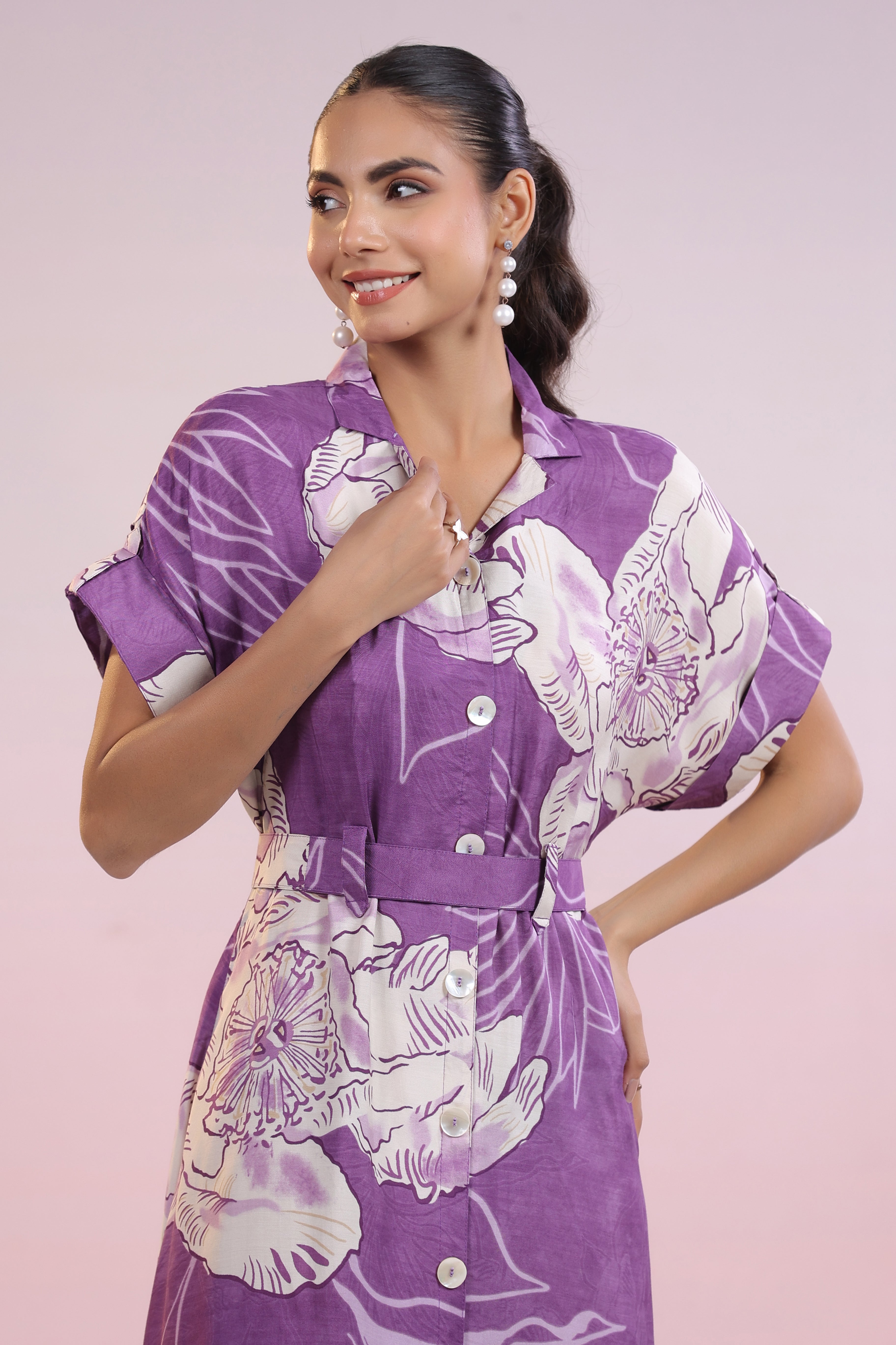 Purple Abstract Printed Bold Flower Motif Russian Silk Midi Dress