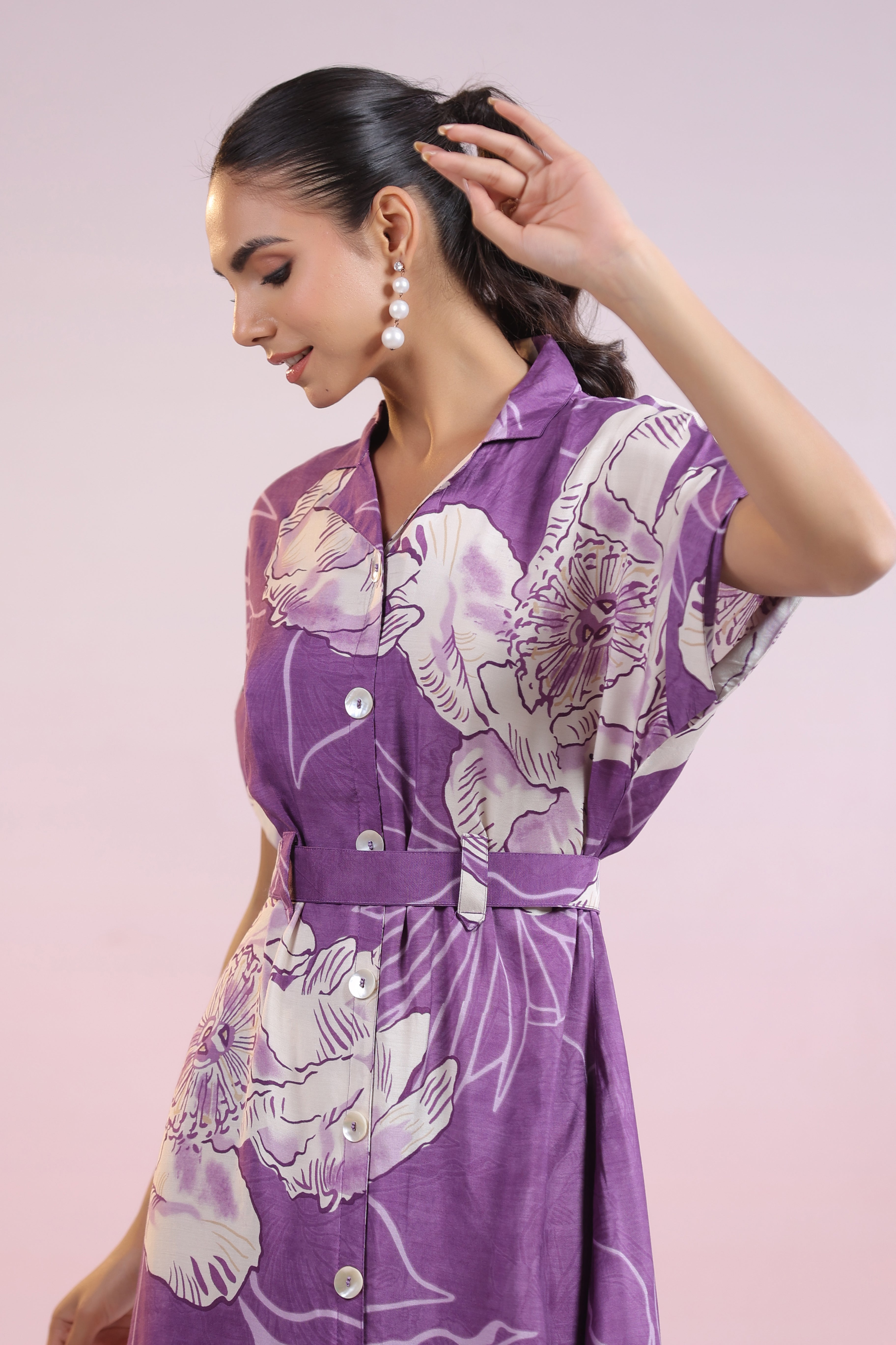 Purple Abstract Printed Bold Flower Motif Russian Silk Midi Dress