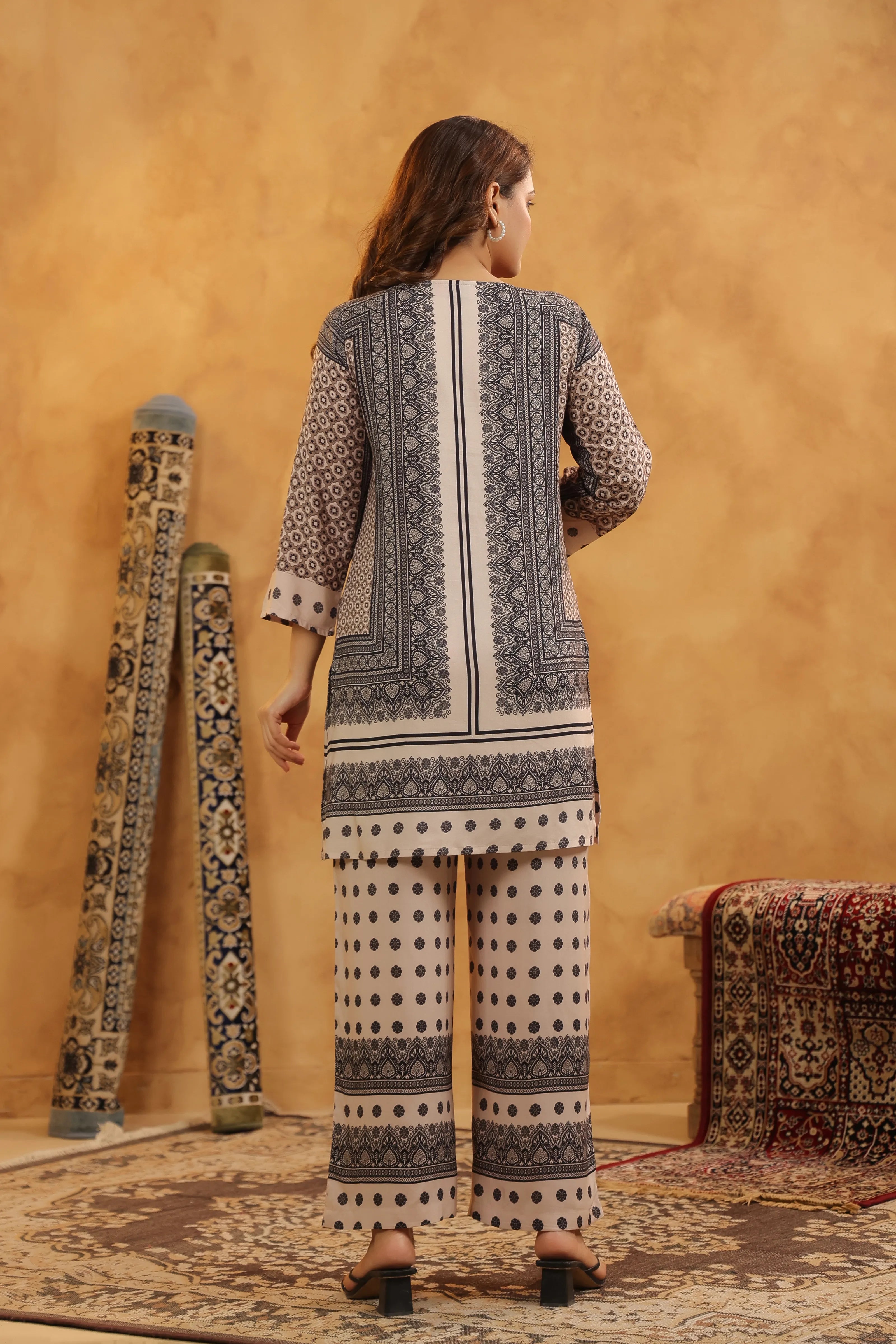 Black & Beige Mirror Work Co-ord Set