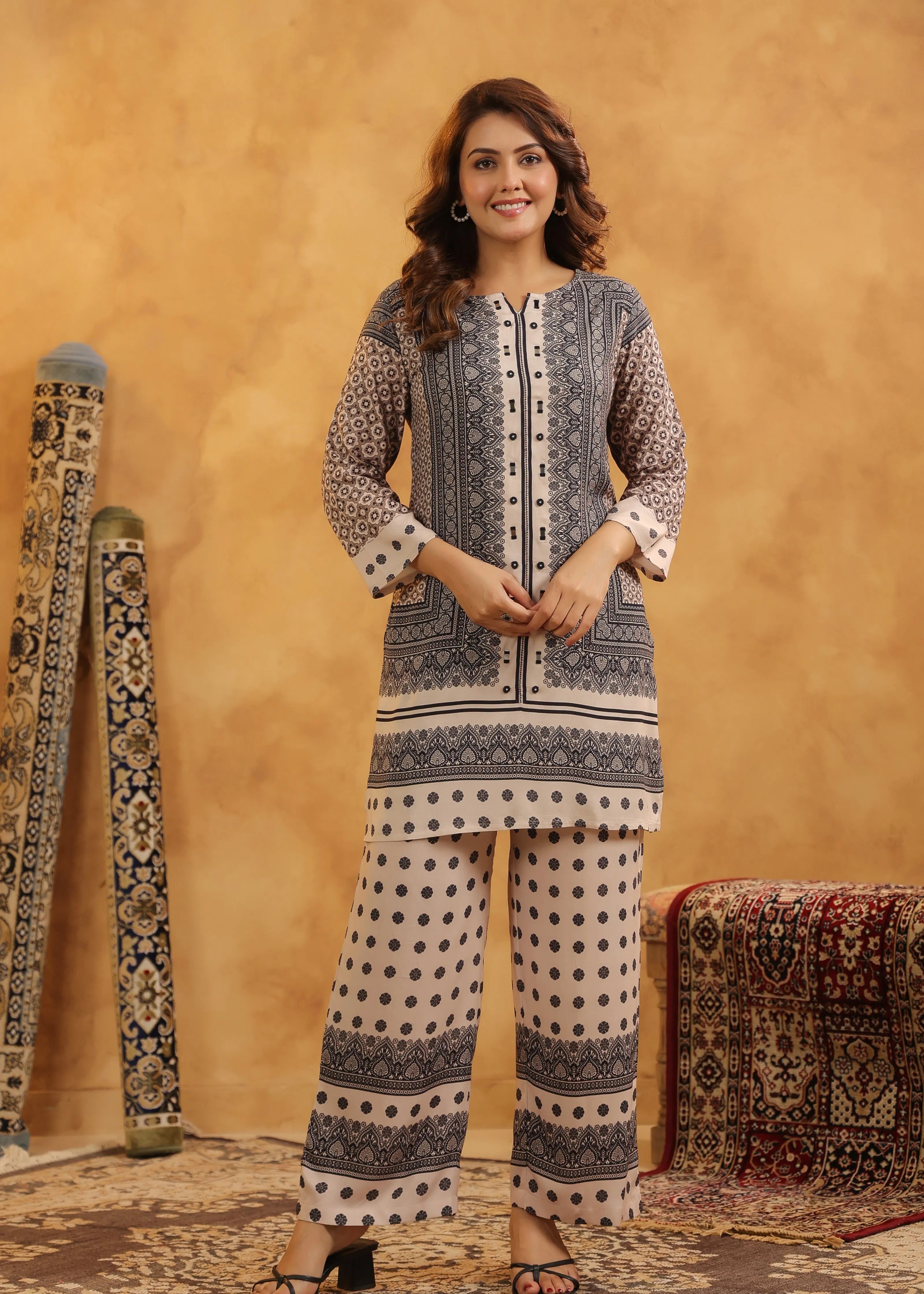 Black & Beige Mirror Work Co-ord Set