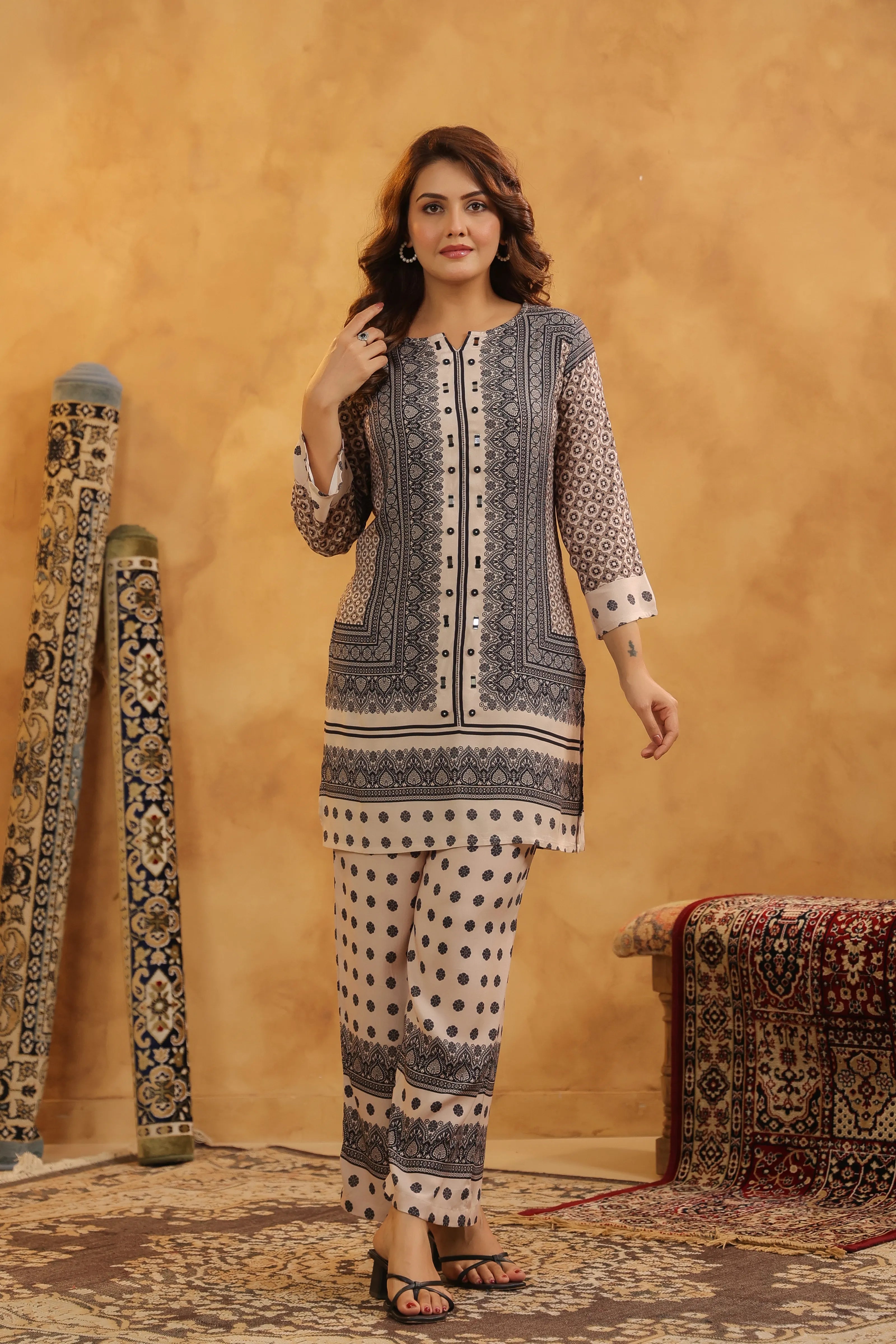 Black & Beige Mirror Work Co-ord Set