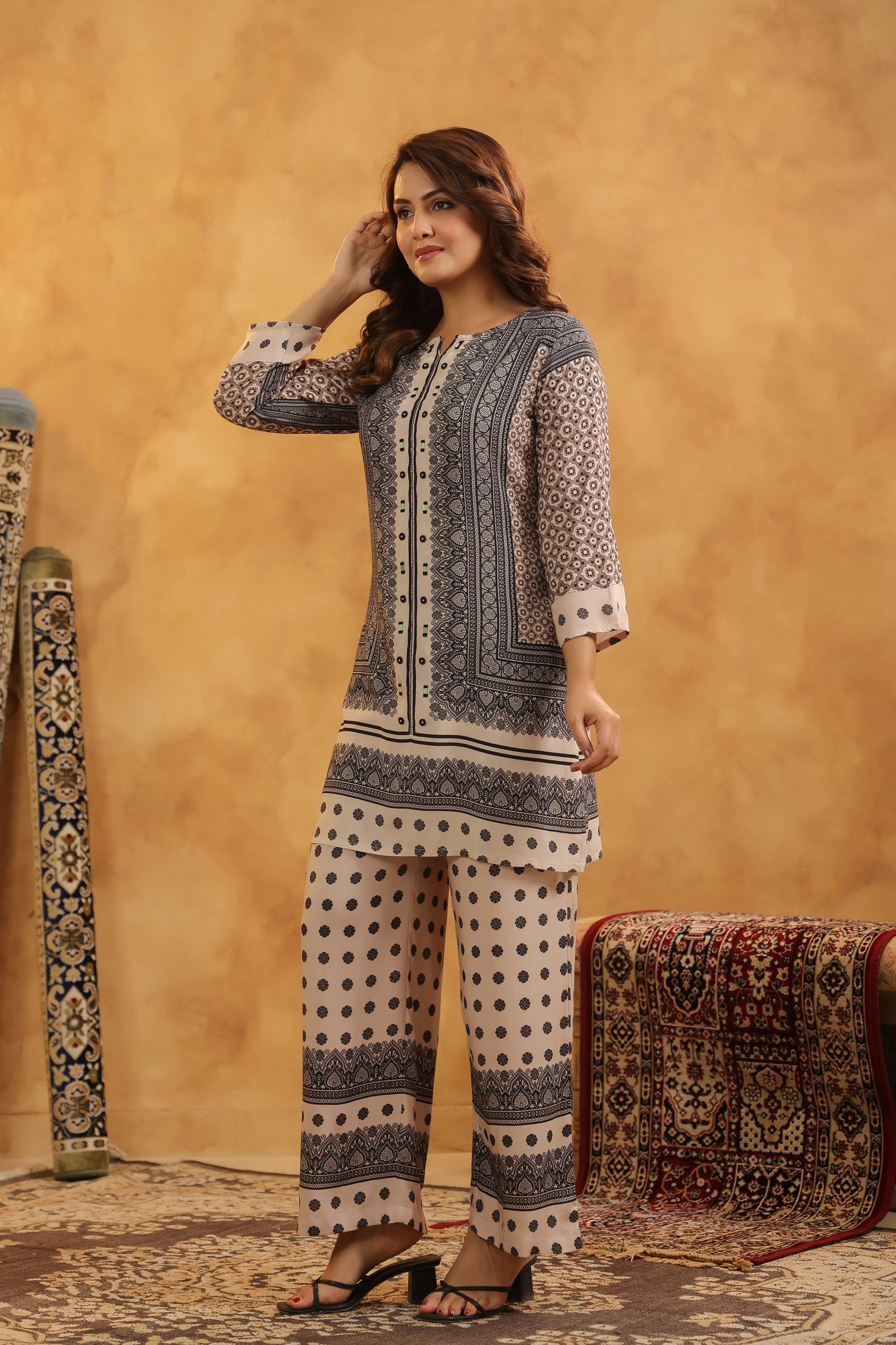 Black & Beige Mirror Work Co-ord Set