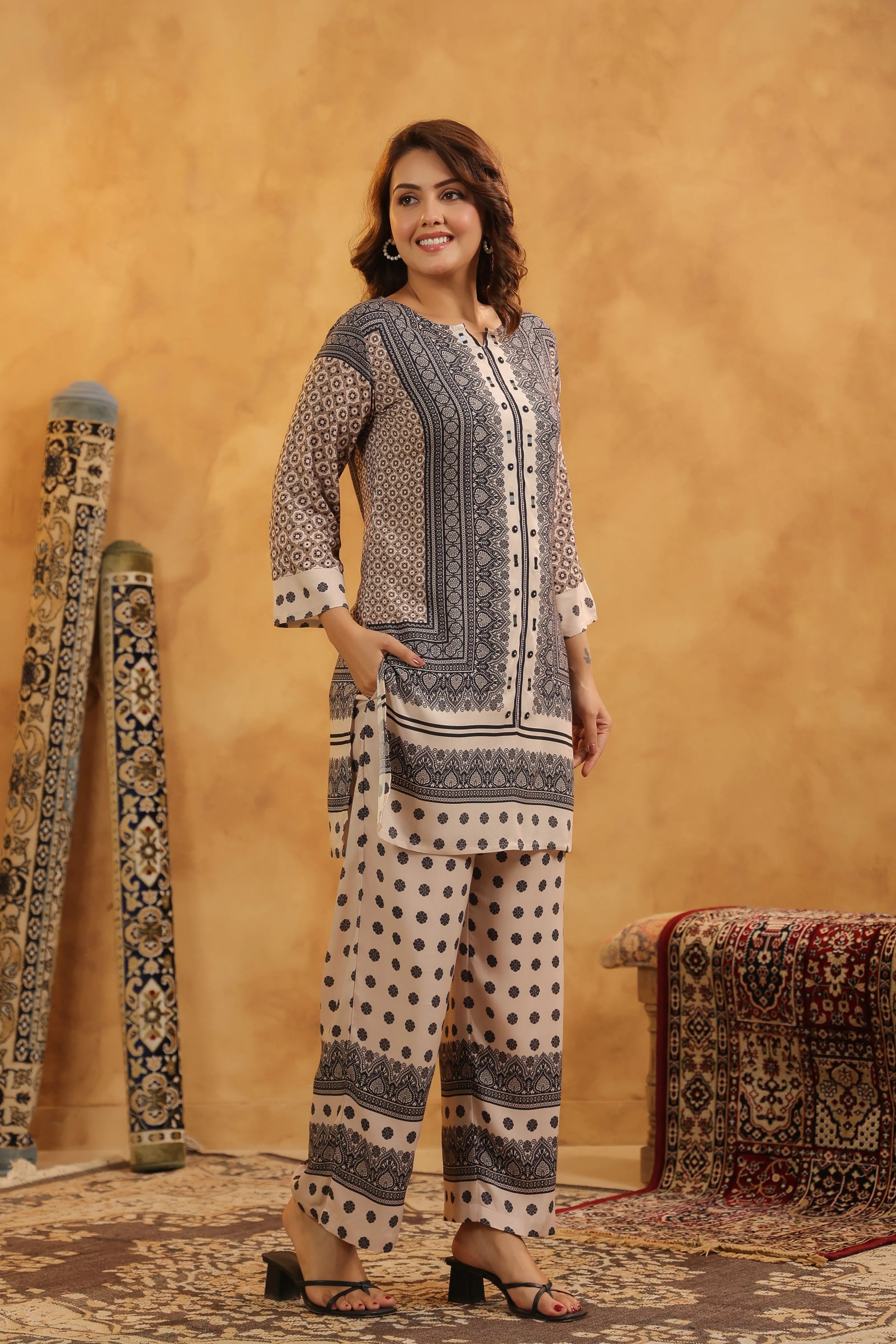 Black & Beige Mirror Work Co-ord Set