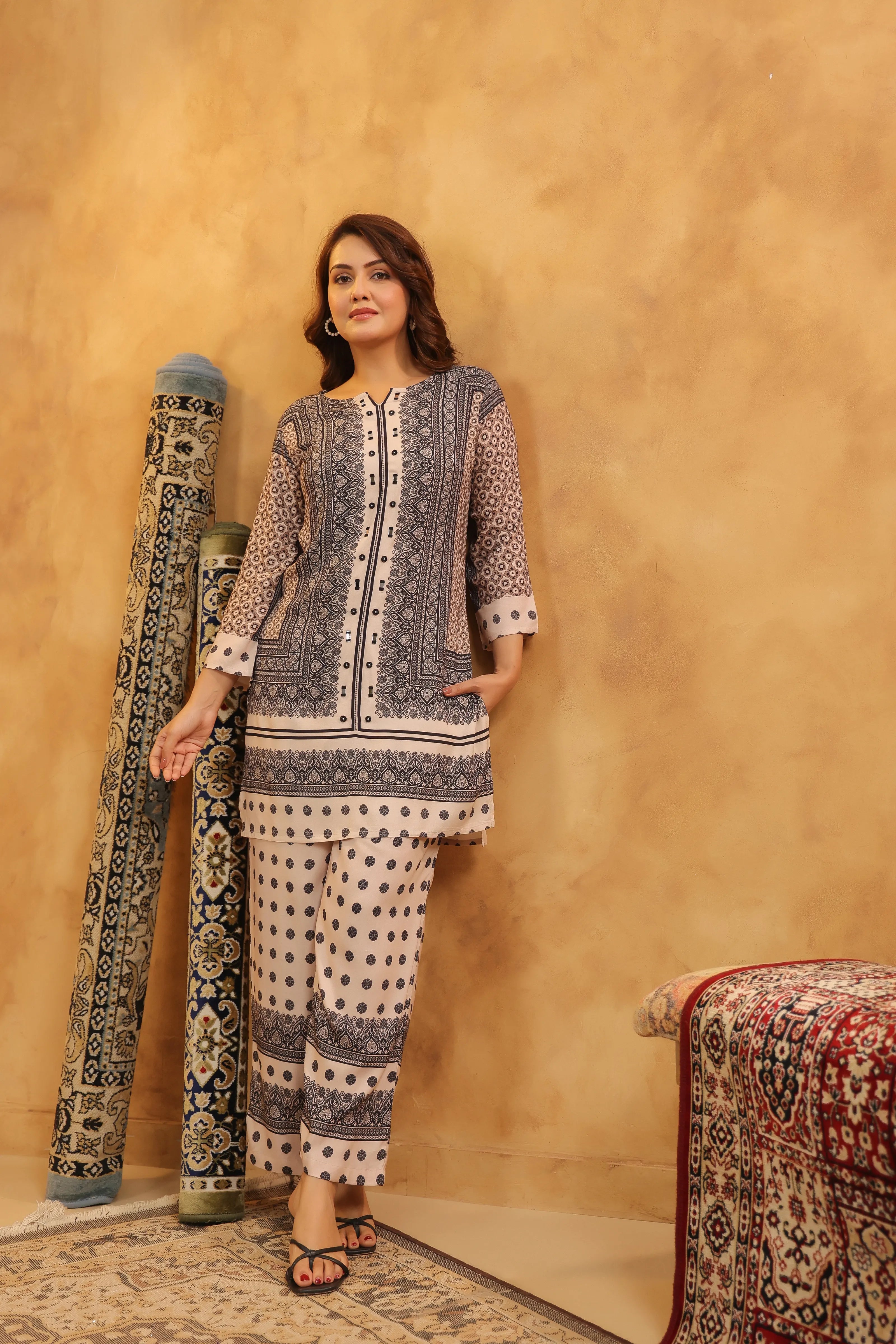 Black & Beige Mirror Work Co-ord Set