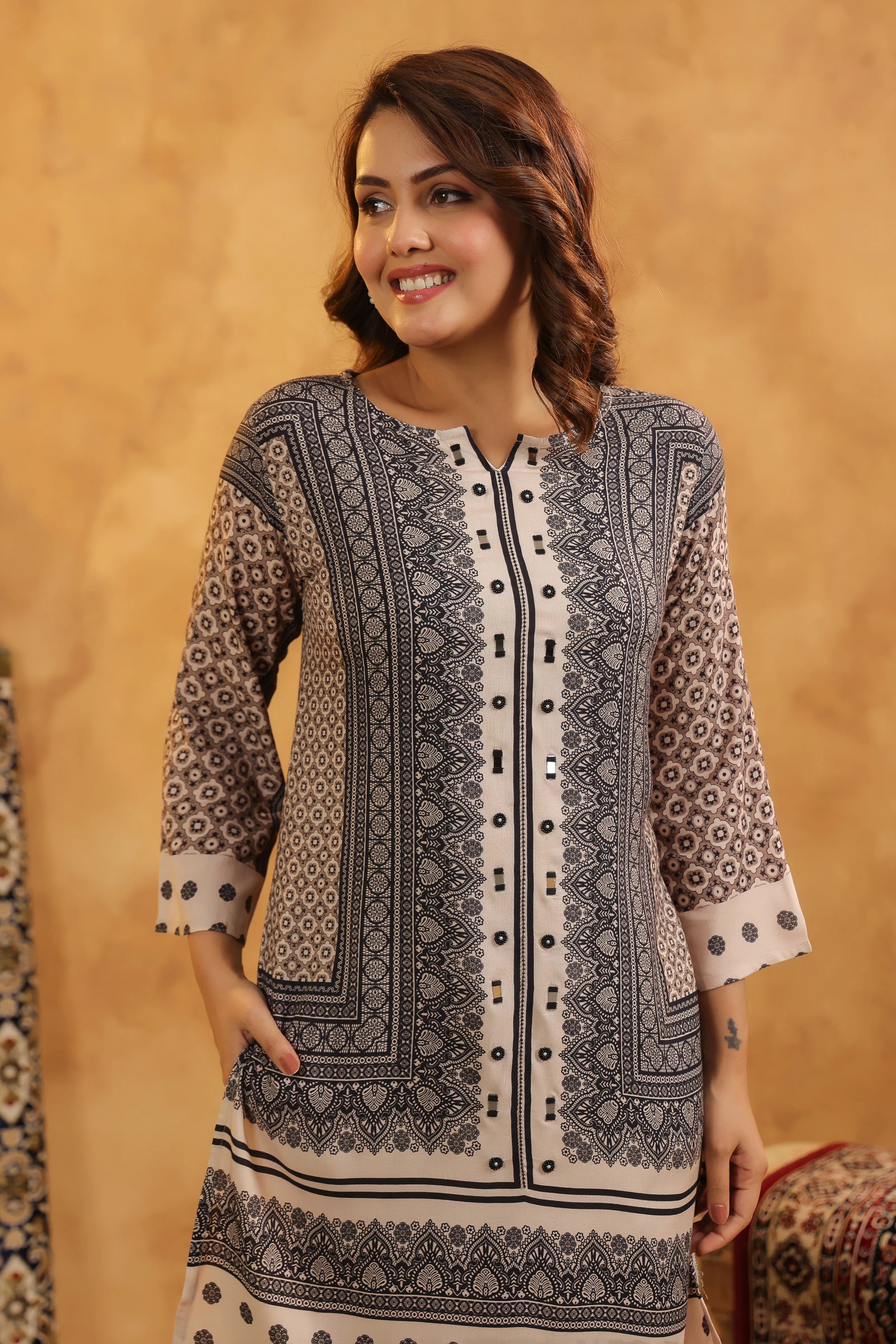 Black & Beige Mirror Work Co-ord Set