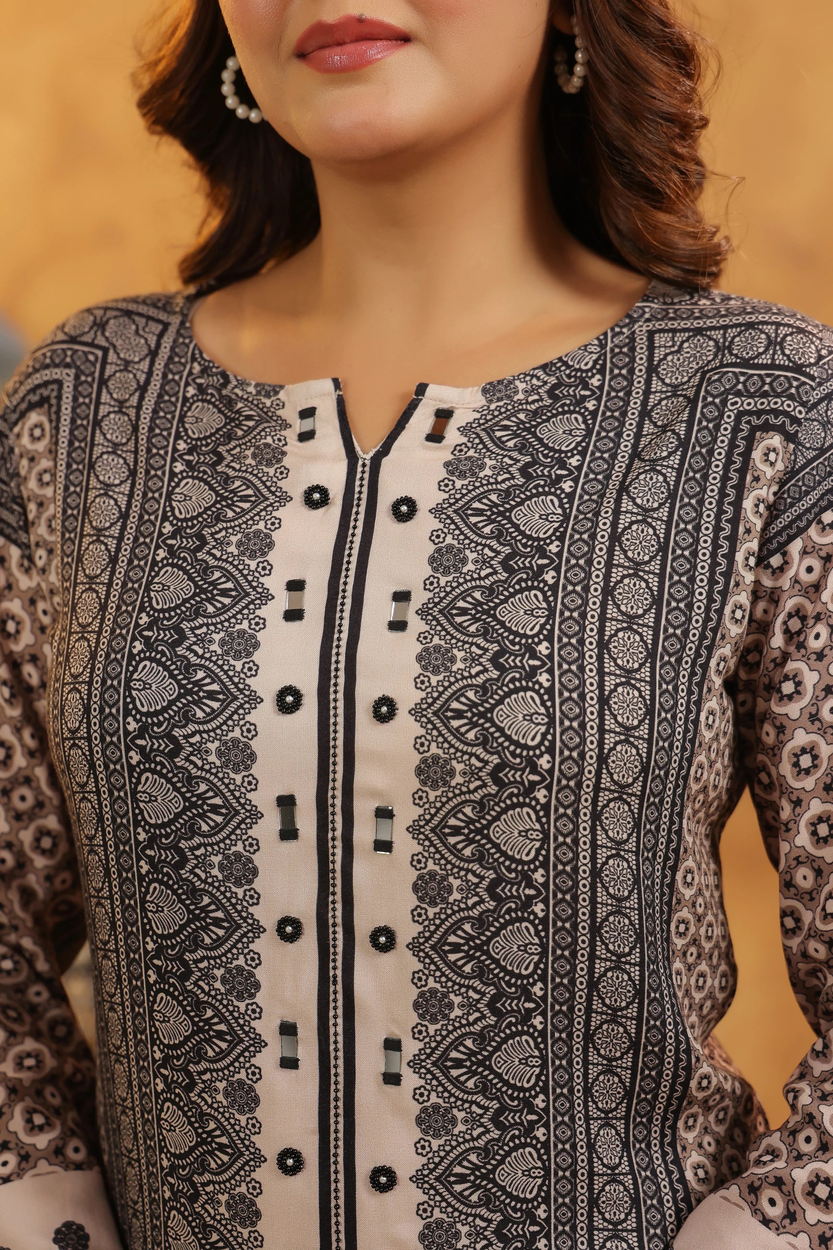 Black & Beige Mirror Work Co-ord Set