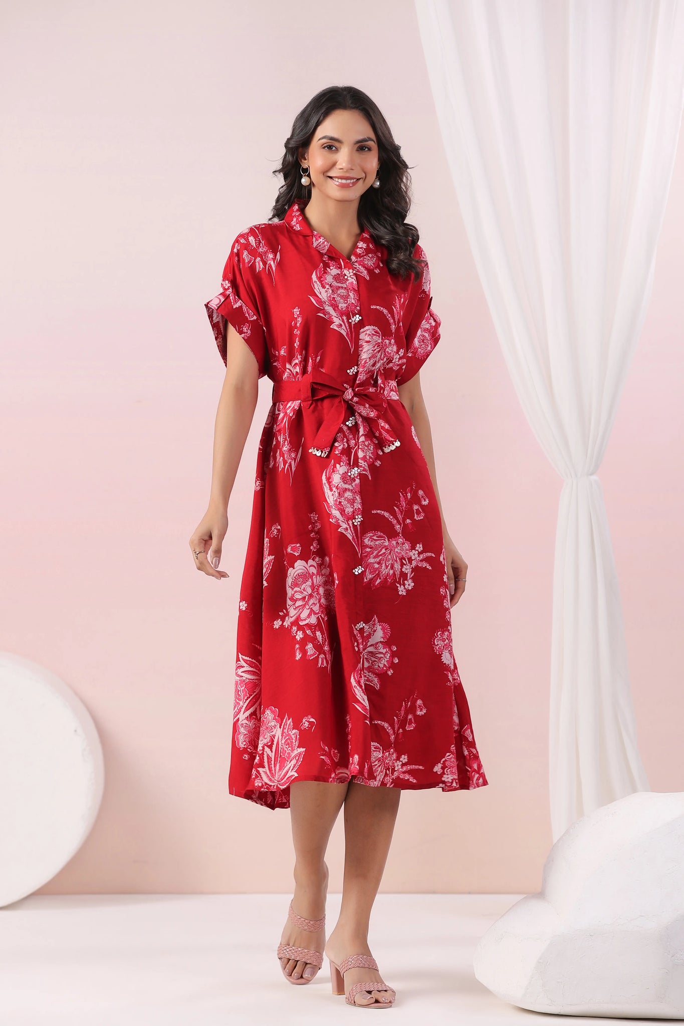 Cherry Red & Pink Floral Belted Midi Dress in Russian Silk Kaftanize Cherry Red & Pink Floral Belted Midi Dress in Russian Silk Kaftanize