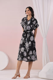 Black Abstract Printed Bold Flower Motif Russian Silk Midi Dress