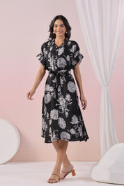 Black Abstract Printed Bold Flower Motif Russian Silk Midi Dress