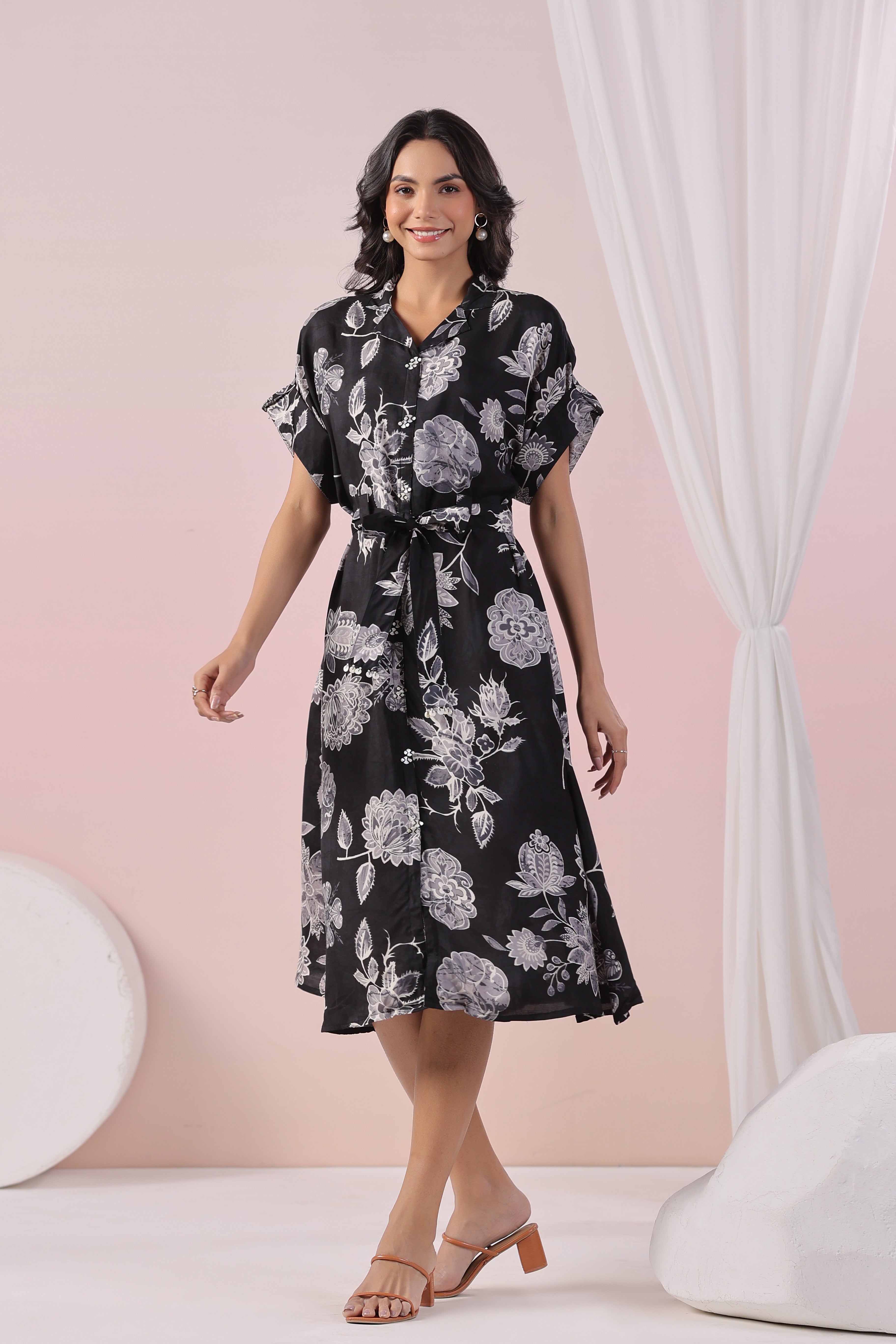 Black Abstract Printed Bold Flower Motif Russian Silk Midi Dress