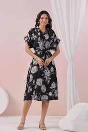 Black Abstract Printed Bold Flower Motif Russian Silk Midi Dress