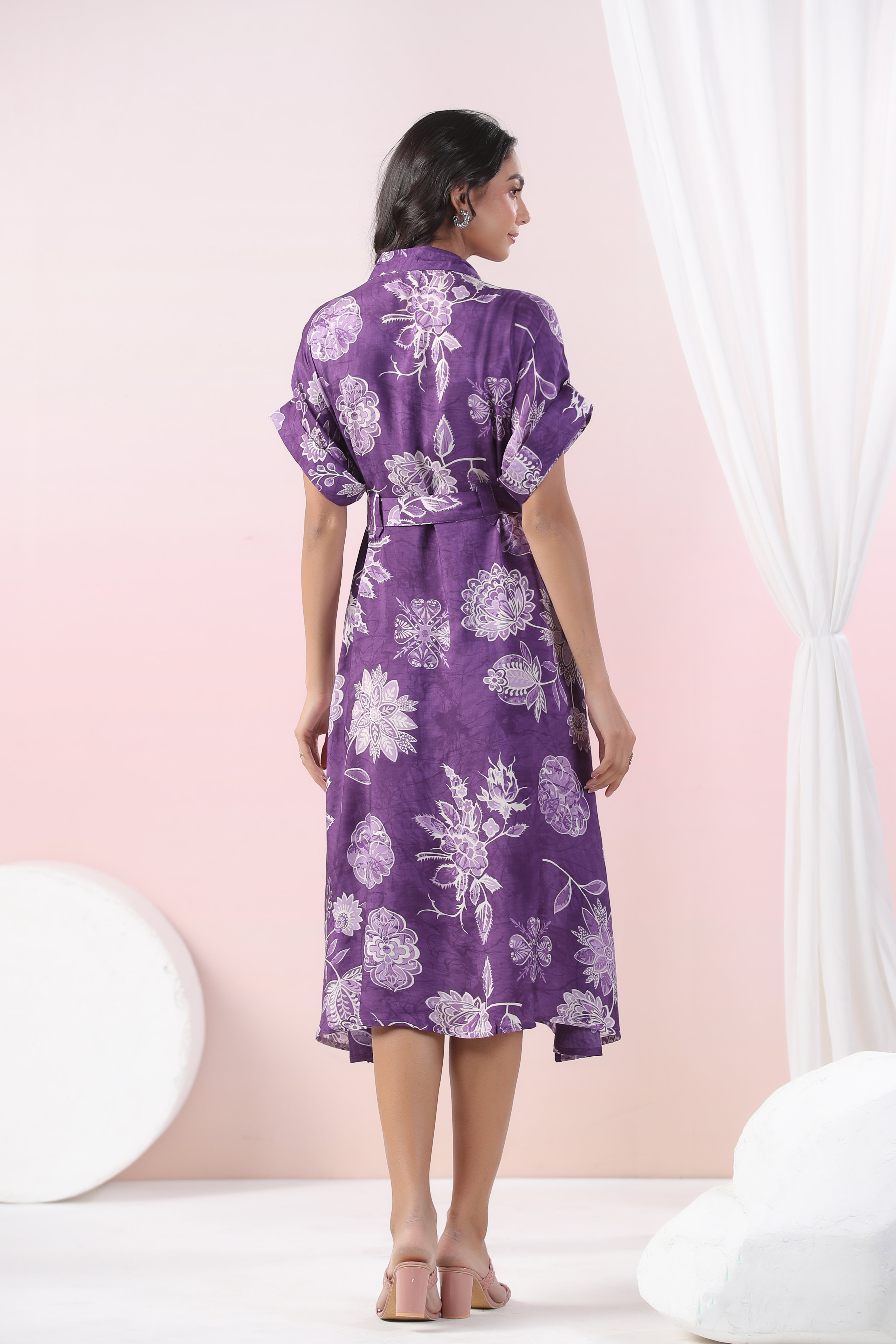 Purple Abstract Printed bold flower motif Russian Silk Midi Dress