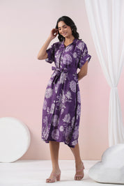 Purple Abstract Printed bold flower motif Russian Silk Midi Dress