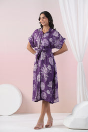 Purple Abstract Printed bold flower motif Russian Silk Midi Dress