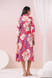 Multi Color Abstract Printed Bold flower Motif Russian Silk Midi Dress