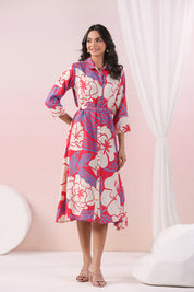 Multi Color Abstract Printed Bold flower Motif Russian Silk Midi Dress