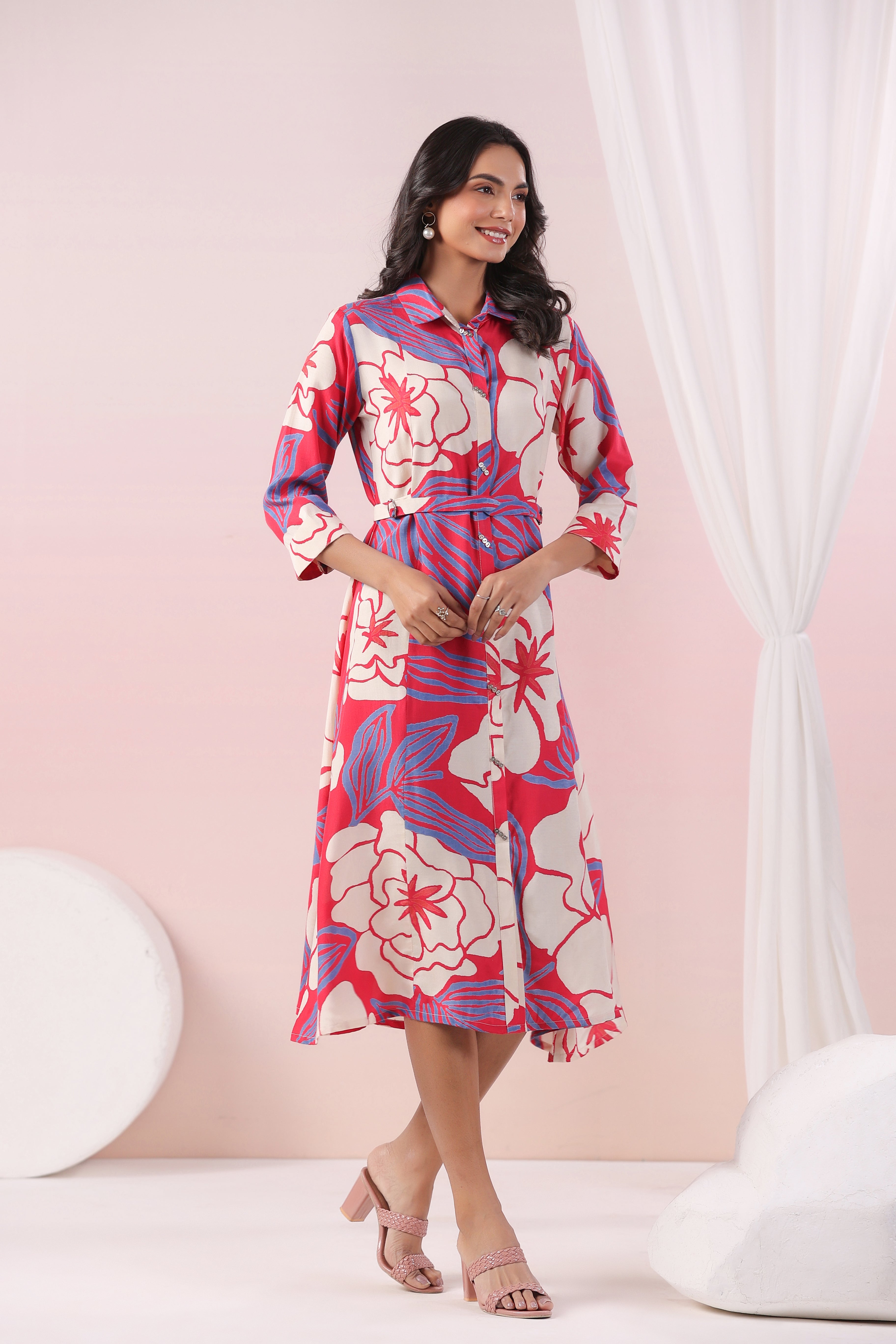 Multi Color Abstract Printed Bold flower Motif Russian Silk Midi Dress