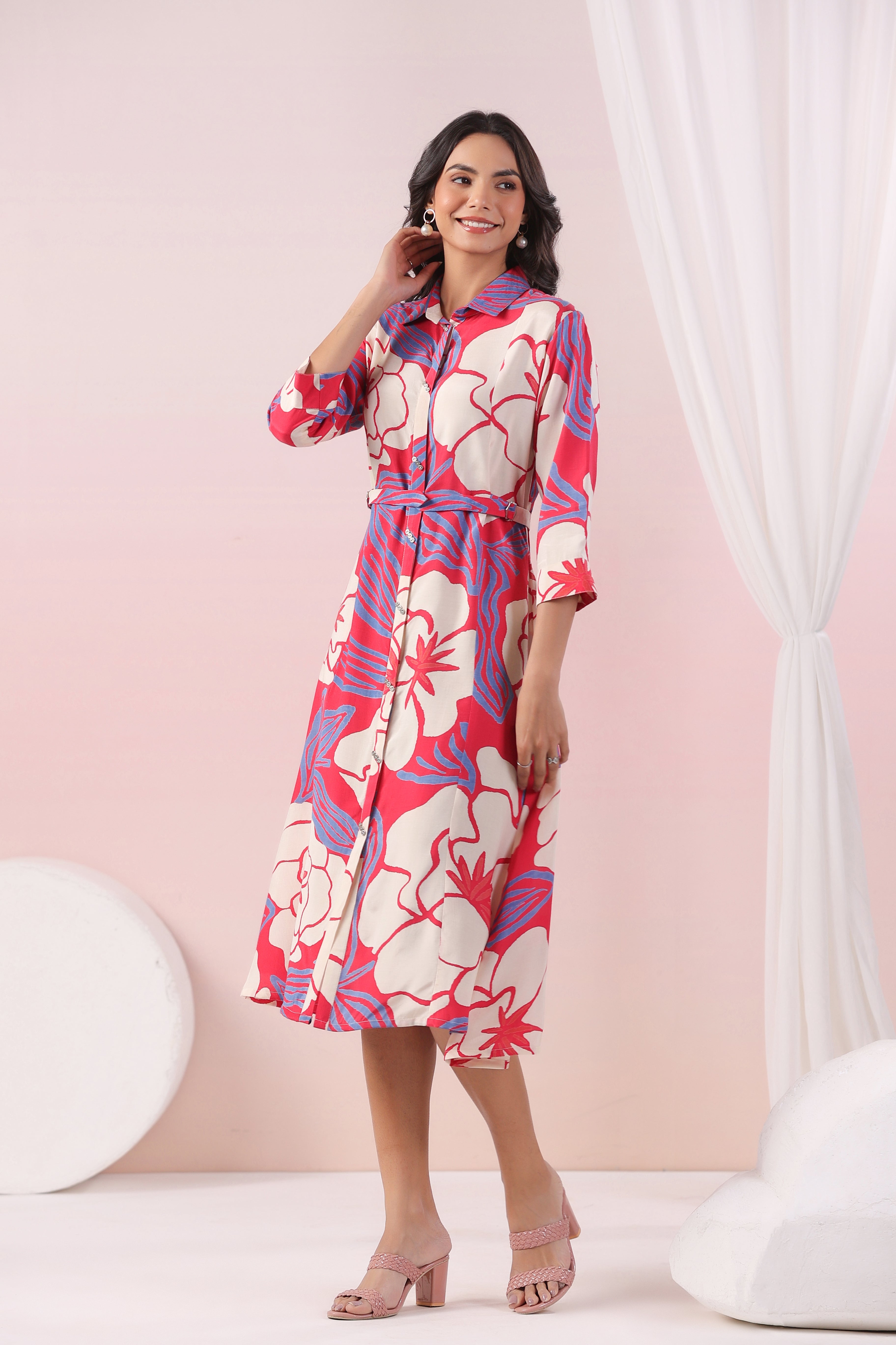 Multi Color Abstract Printed Bold flower Motif Russian Silk Midi Dress