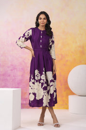 Purple Base With Cream Color Bold Flower Motif Midi Dress