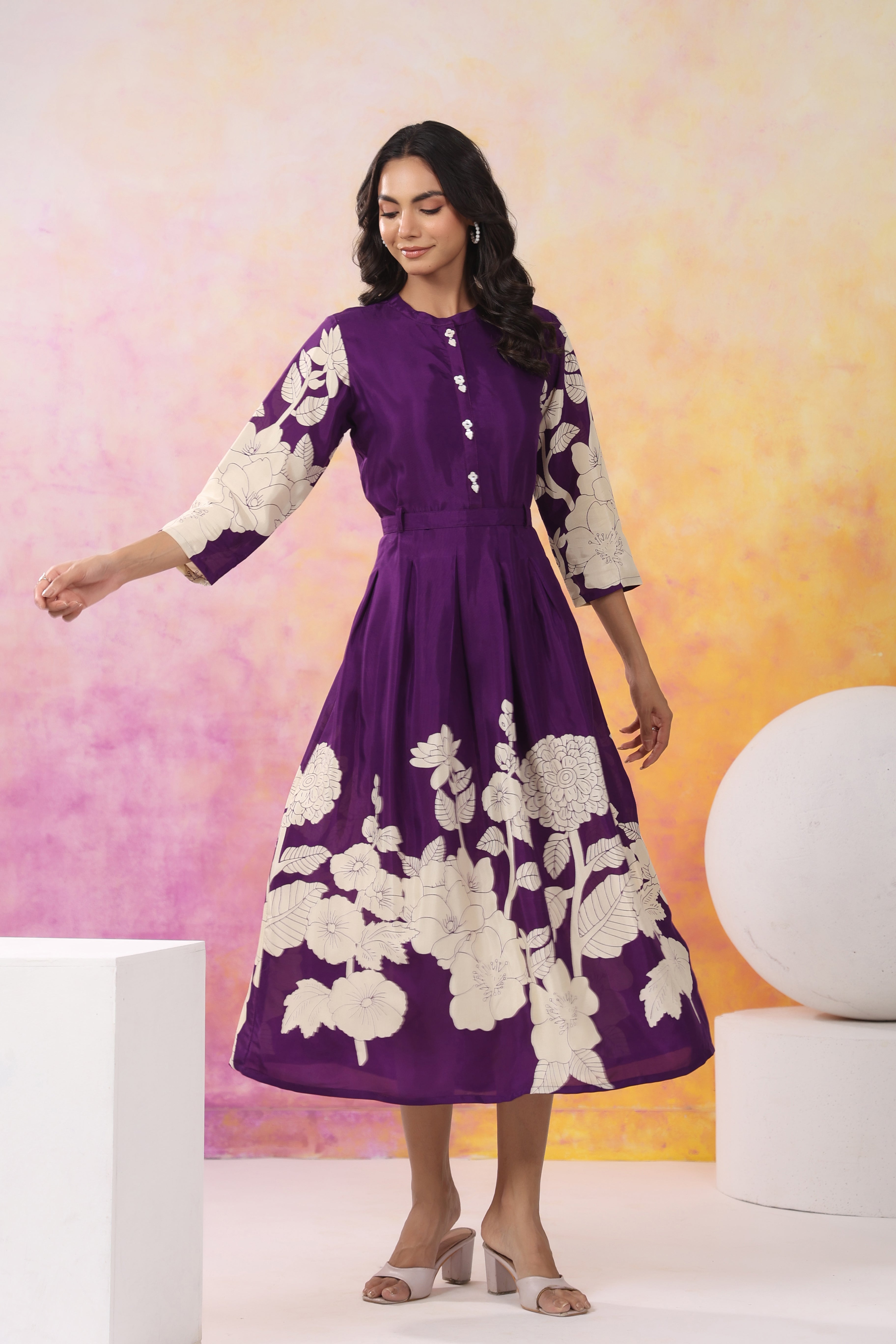 Purple Base With Cream Color Bold Flower Motif Midi Dress