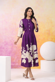 Purple Base With Cream Color Bold Flower Motif Midi Dress