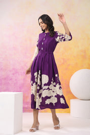 Purple Base With Cream Color Bold Flower Motif Midi Dress