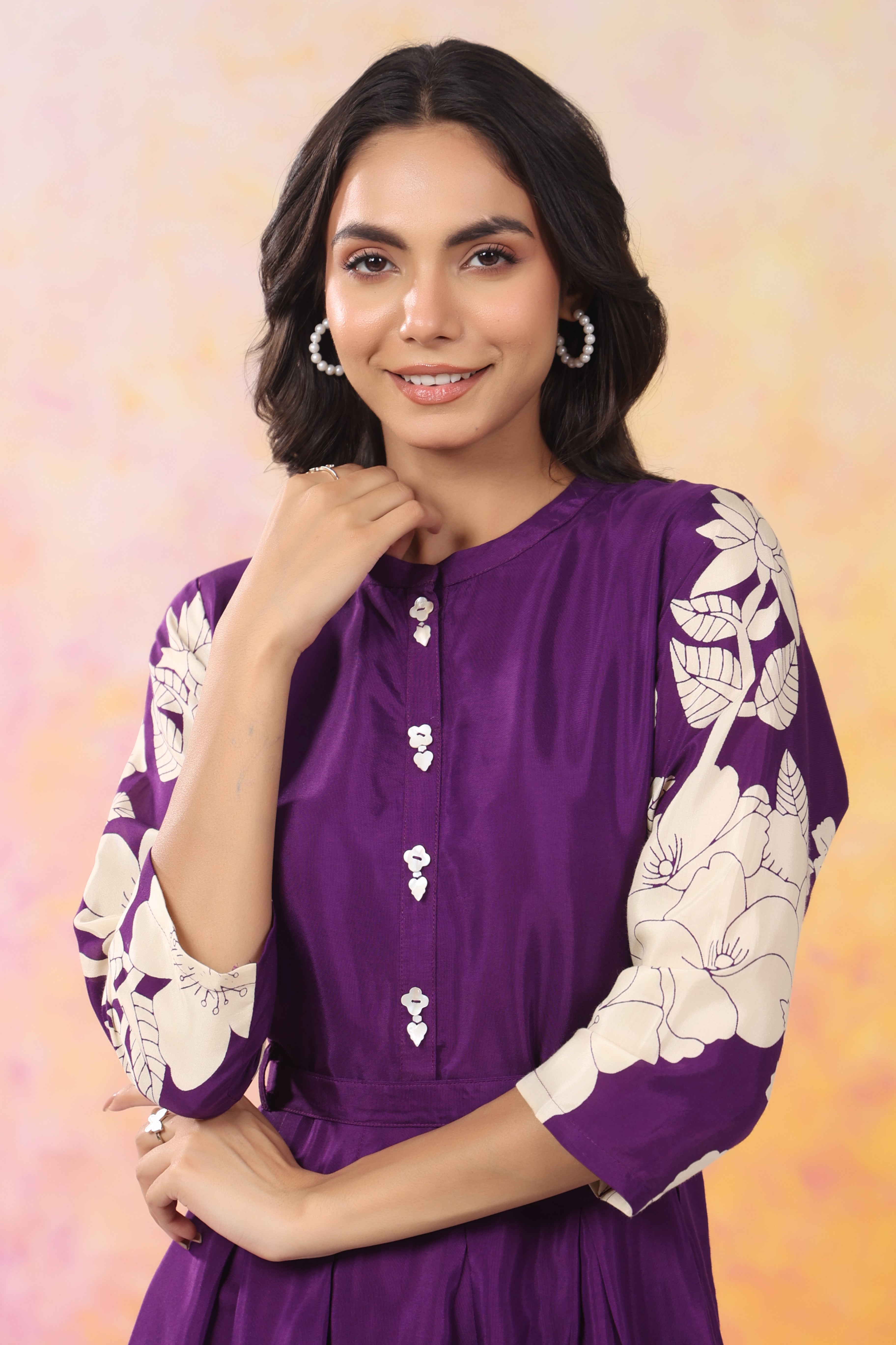 Purple Base With Cream Color Bold Flower Motif Midi Dress