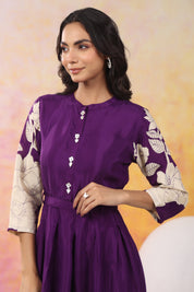 Purple Base With Cream Color Bold Flower Motif Midi Dress