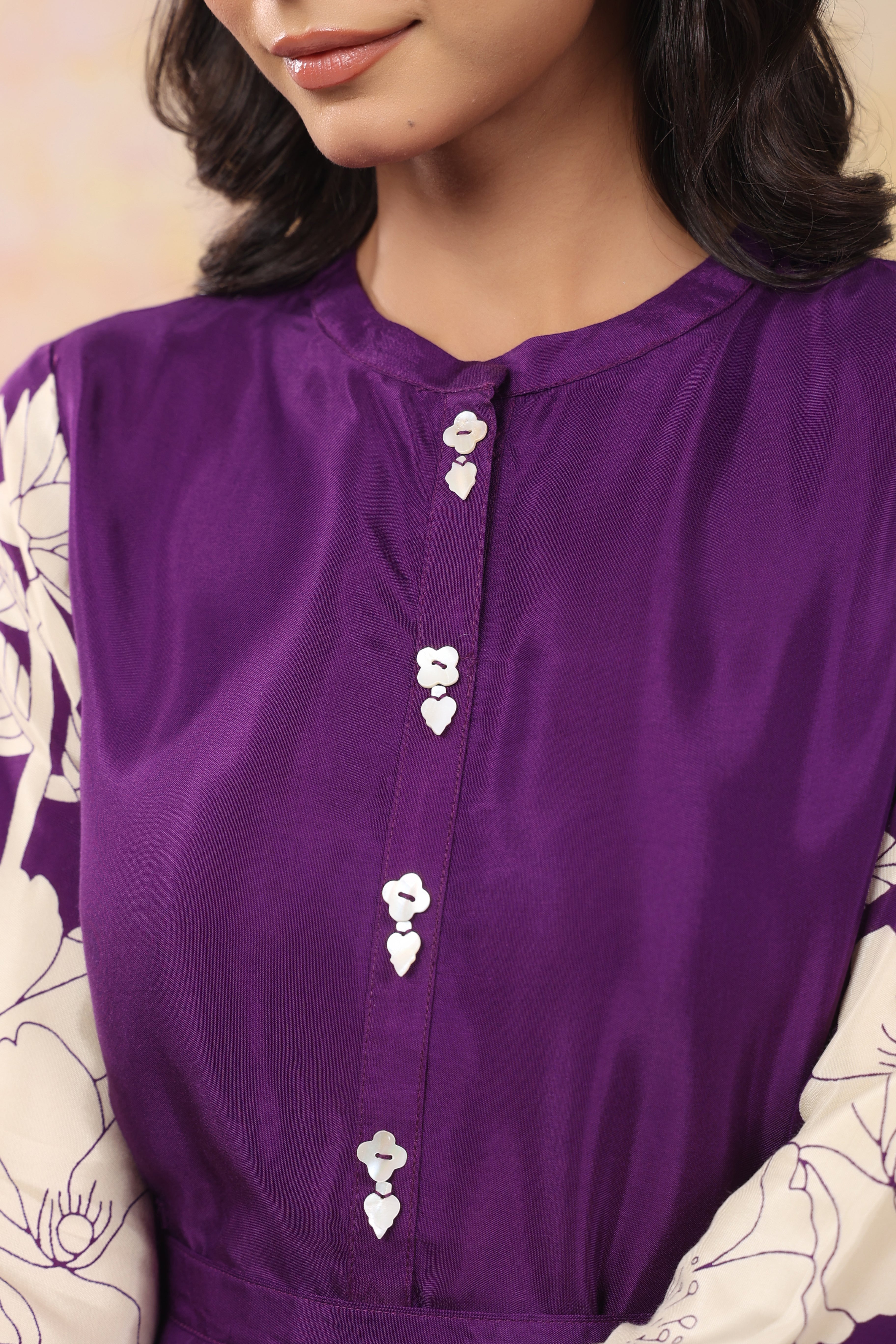 Purple Base With Cream Color Bold Flower Motif Midi Dress