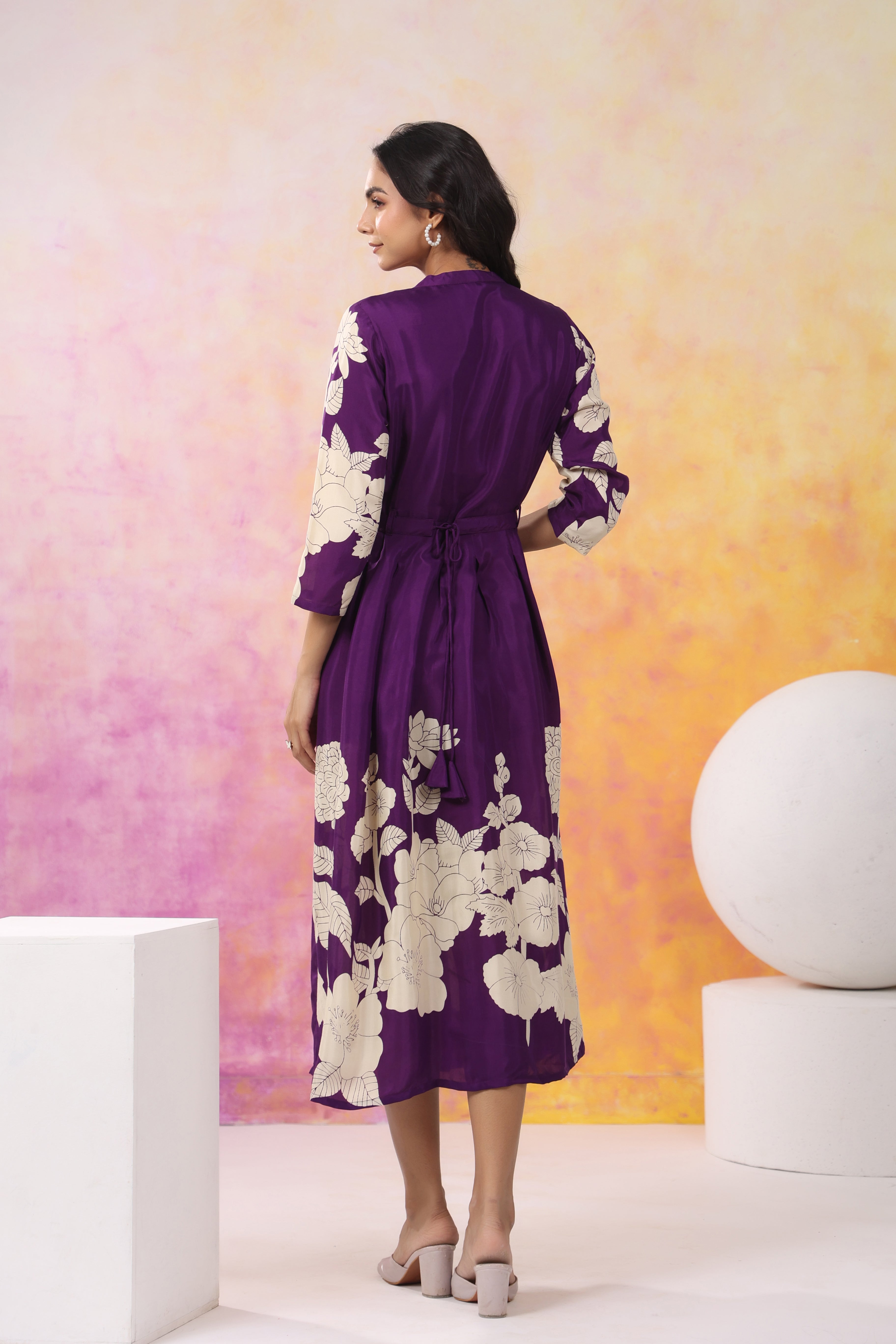 Purple Base With Cream Color Bold Flower Motif Midi Dress