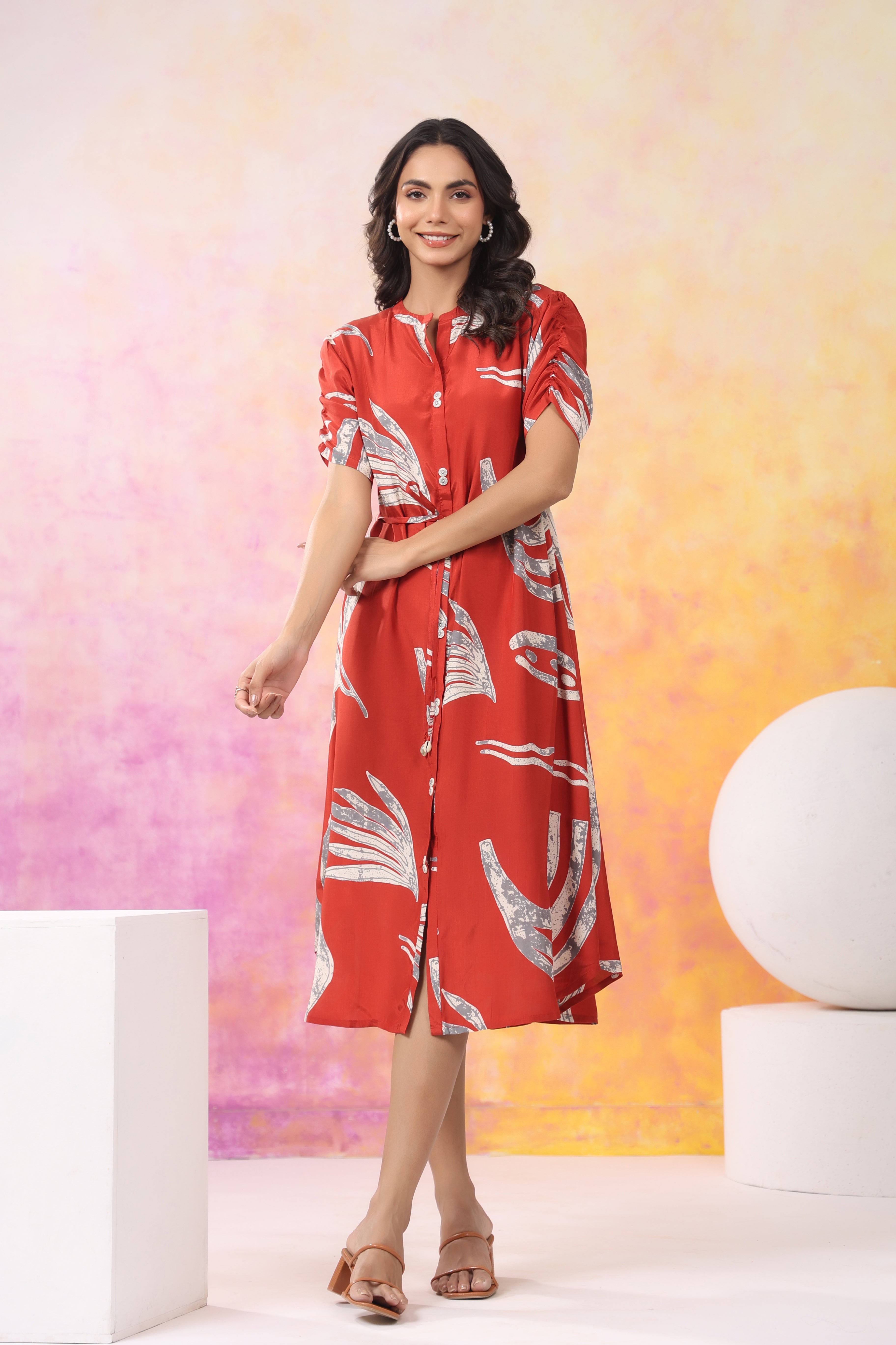 Rust and Grey Bold Abstract Printed Motif Midi Dress