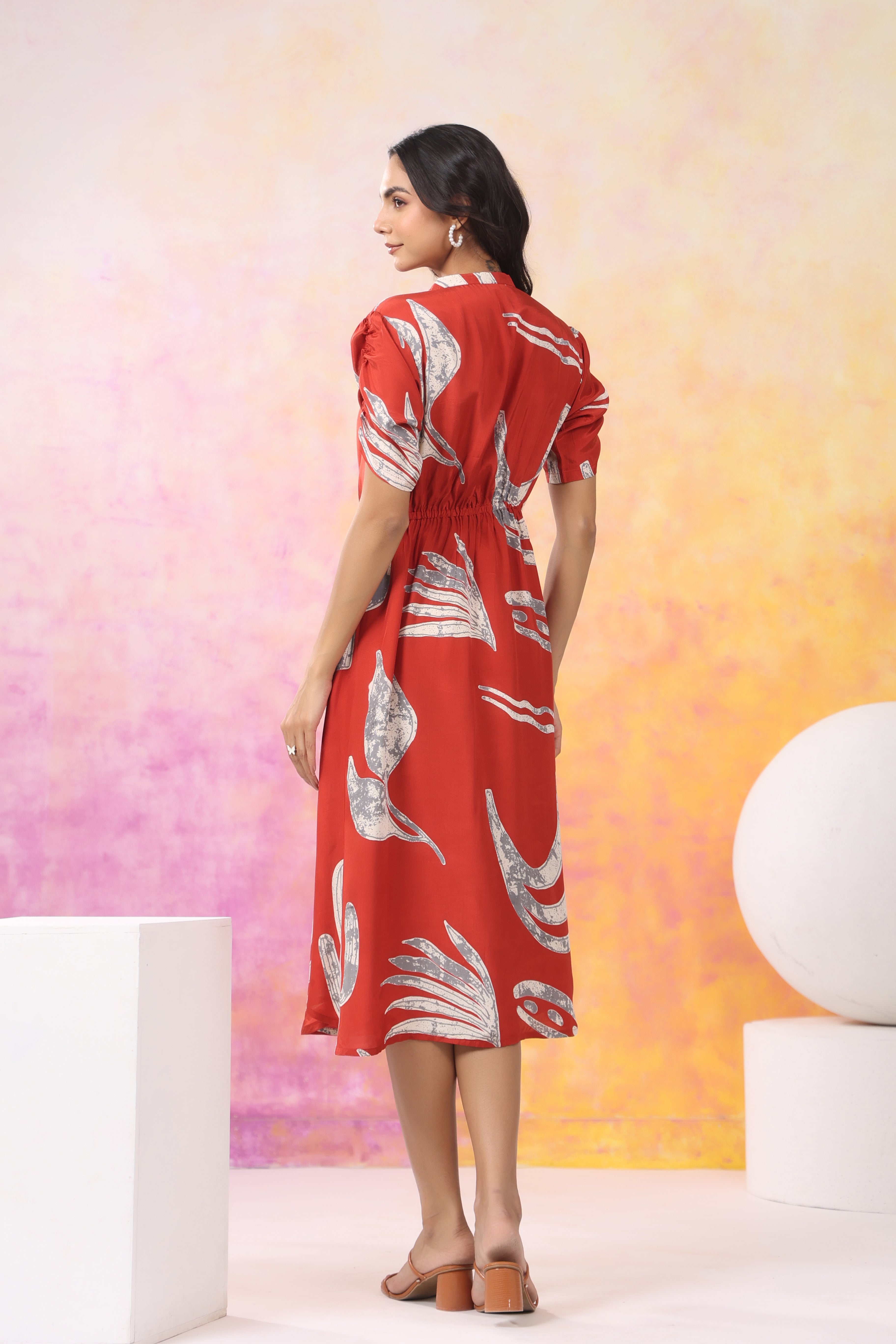 Rust and Grey Bold Abstract Printed Motif Midi Dress