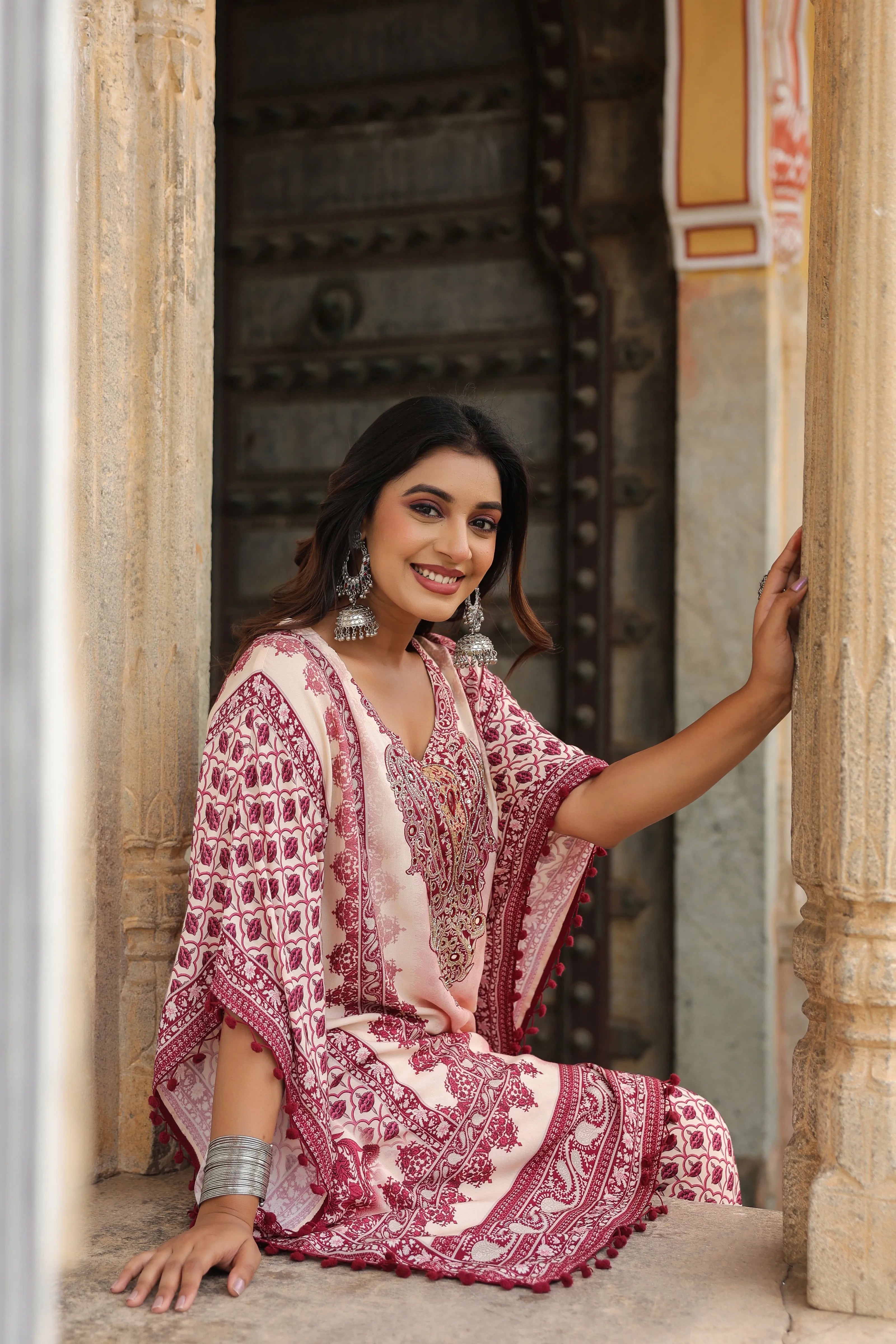 Wine Red & Cream Heritage Mirror Embellished Co-ord Set