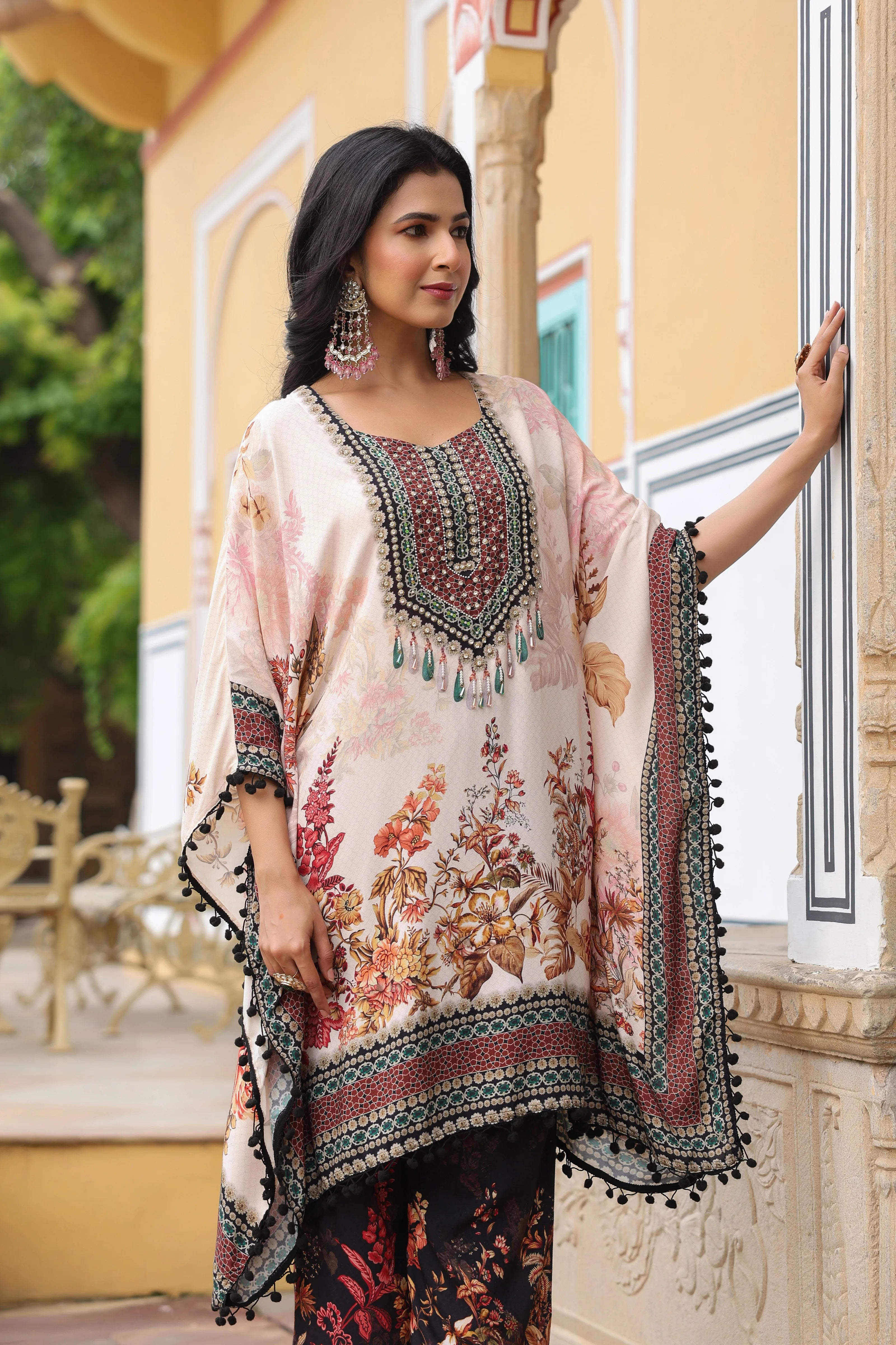 Offwhite Base Floral & Beaded Kaftan Co-ord Set