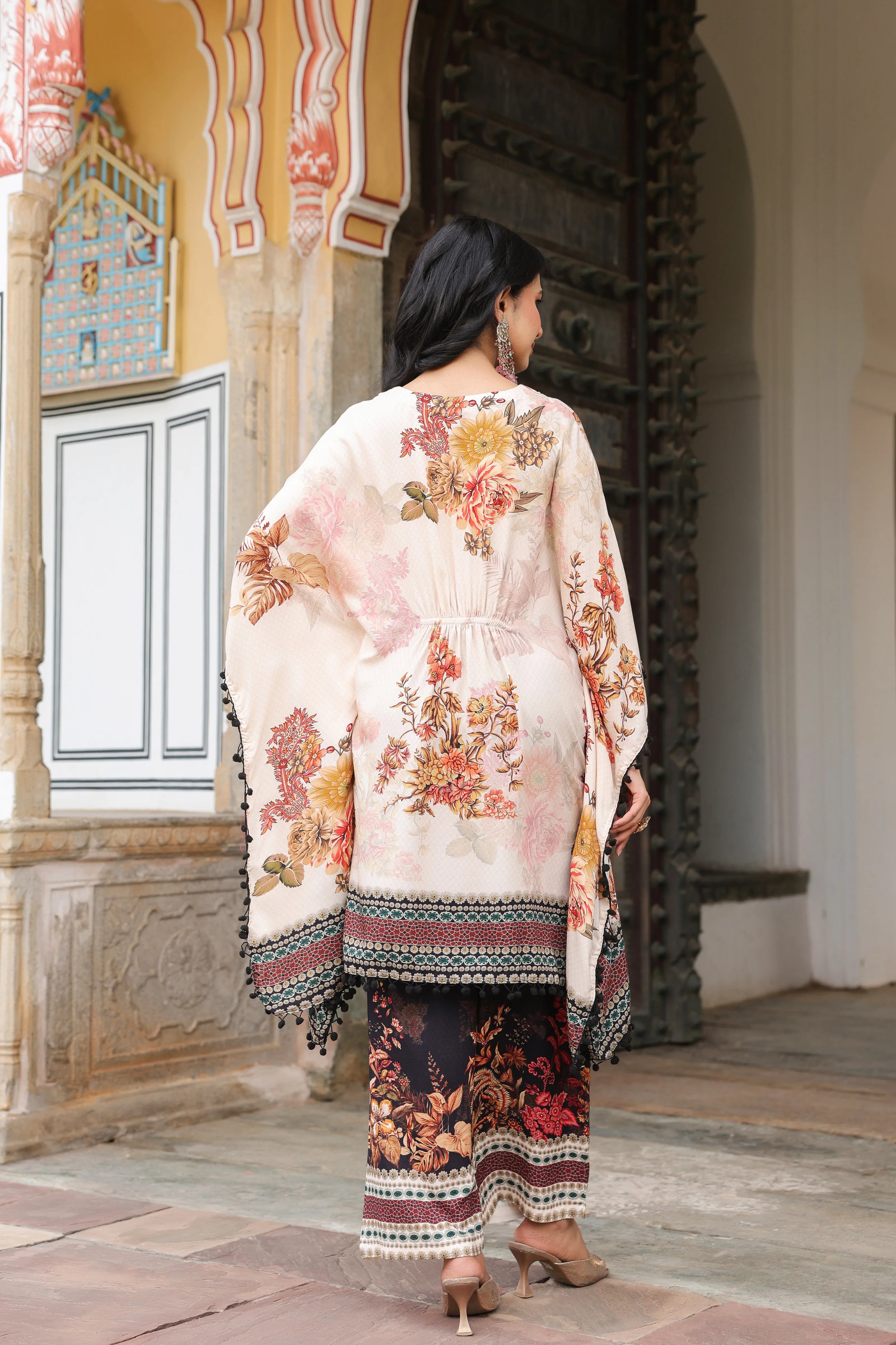 Offwhite Base Floral & Beaded Kaftan Co-ord Set