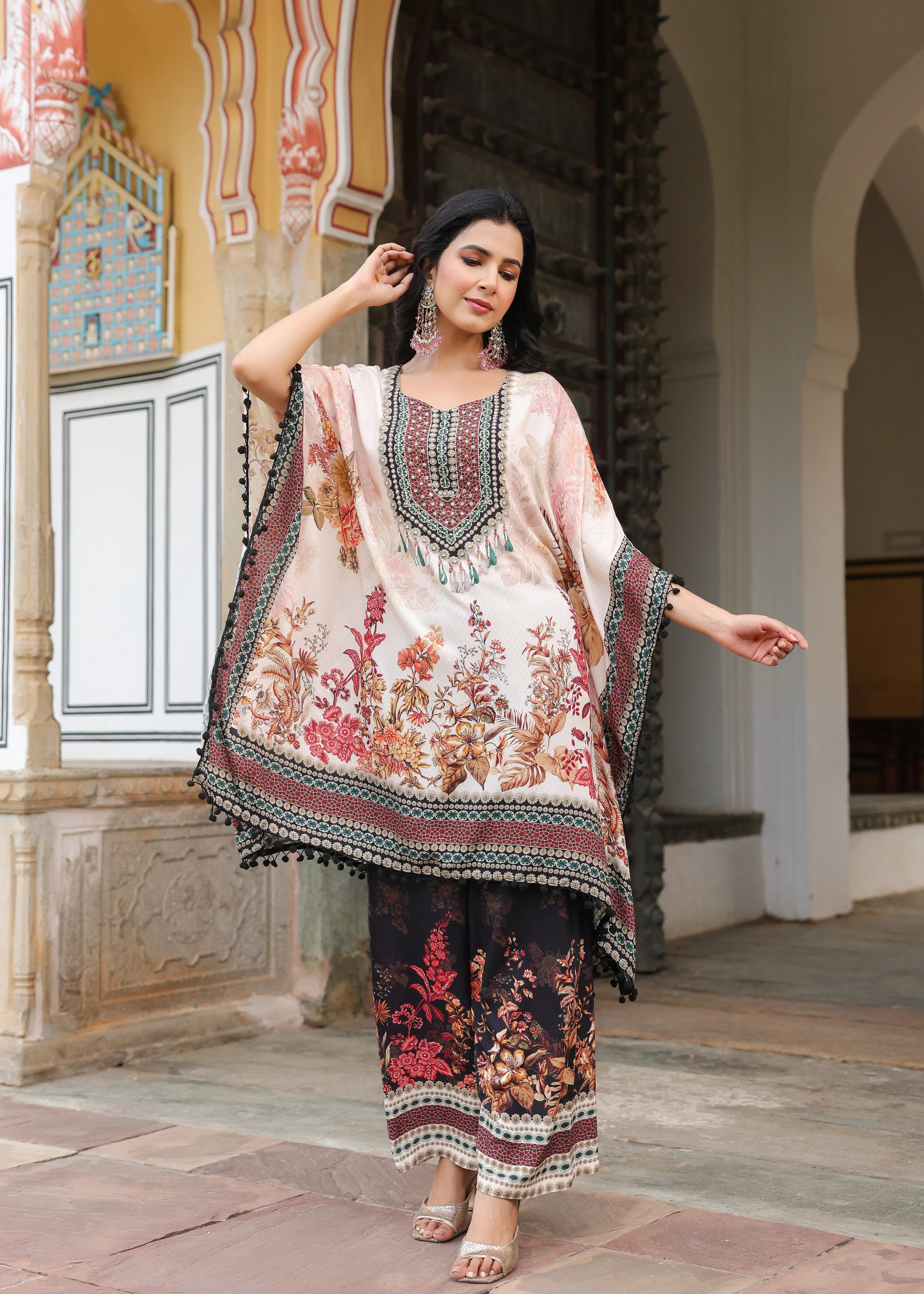 Offwhite Base Floral & Beaded Kaftan Co-ord Set