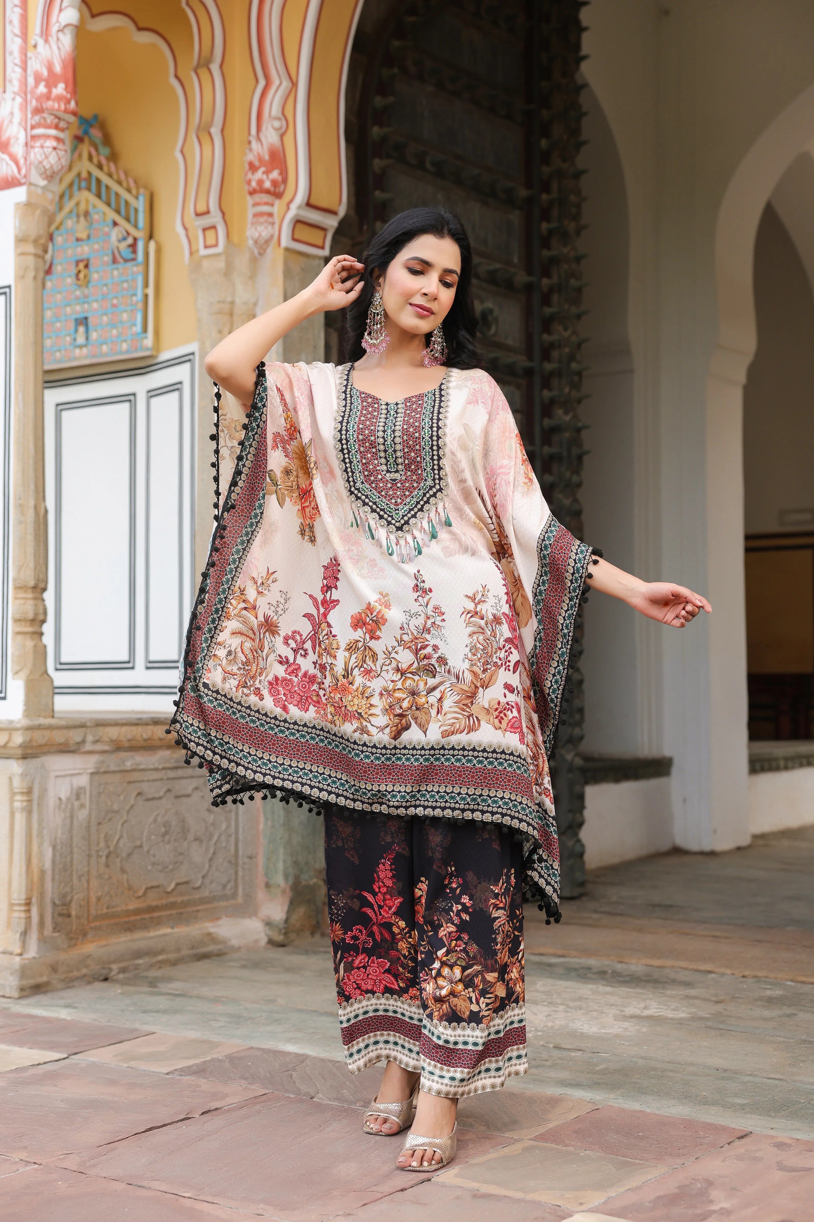 Offwhite Base Floral & Beaded Kaftan Co-ord Set