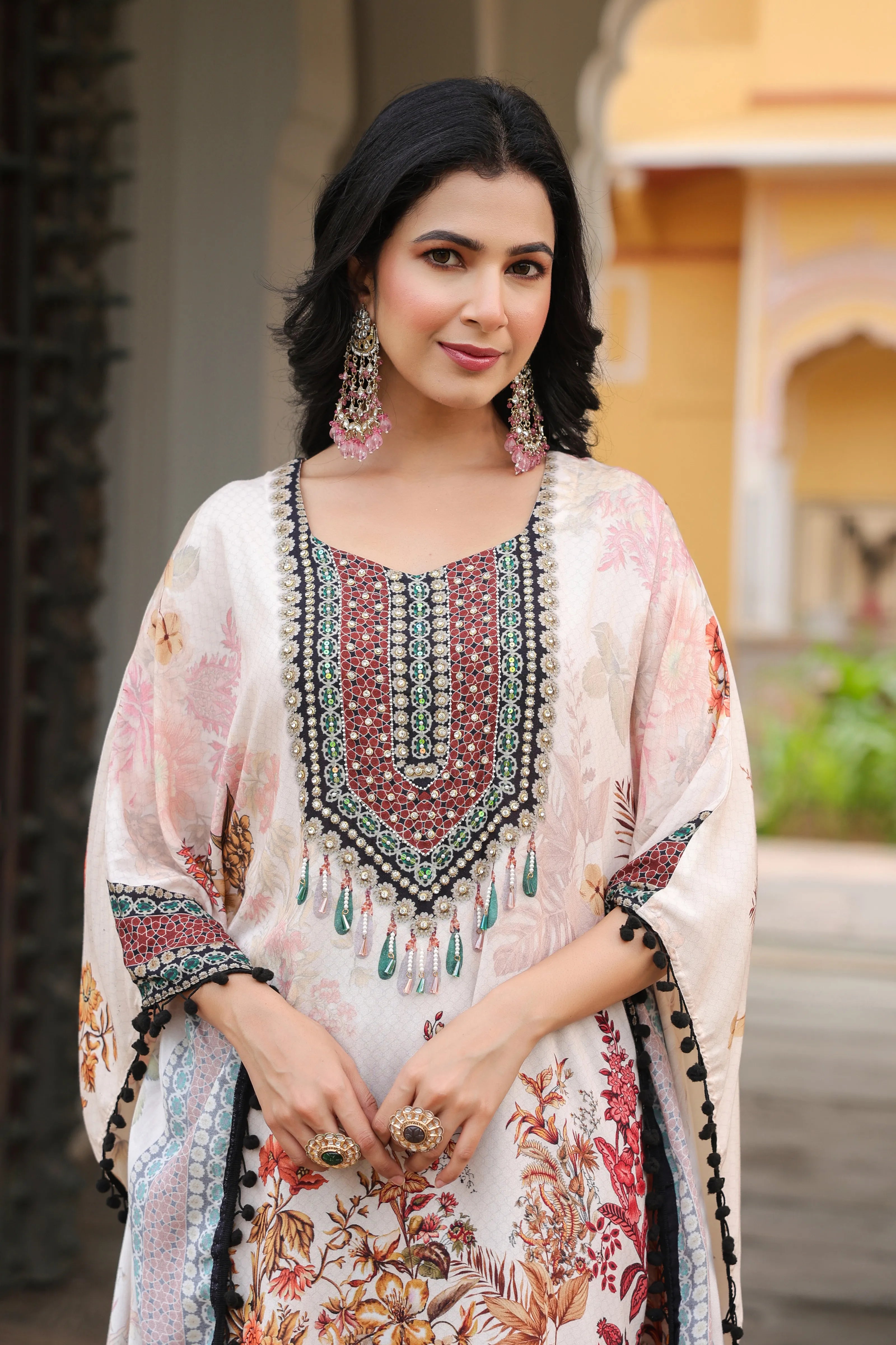 Offwhite Base Floral & Beaded Kaftan Co-ord Set